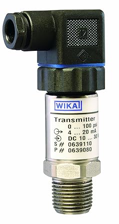 جهاز إرسال الضغط للأغراض العامة WIKA 8643652، مخرج إشارة ثنائي الأسلاك 4 - 20 مللي أمبير، أجزاء مبللة من الفولاذ المقاوم للصدأ، نطاق 0-100 رطل/بوصة مربعة، دقة 0.25%، وصلة NPT ذكر مقاس 1/2 بوصة