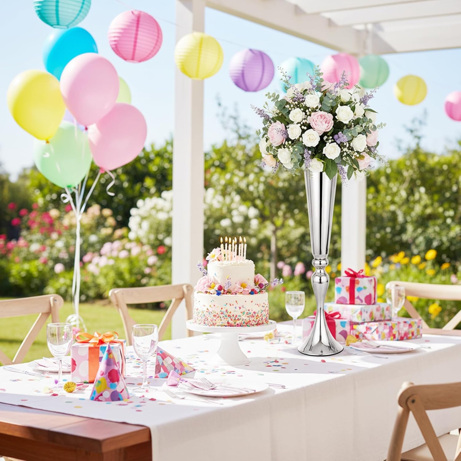 LoveCat 10pcs of Metal Trumpet Silver Vases for Table Centerpieces, Anniversary Celebration Wedding Party Dinner Table Centerpieces, Wedding Decorations, 21.9in/55.5cm Tall Minimalism Vases