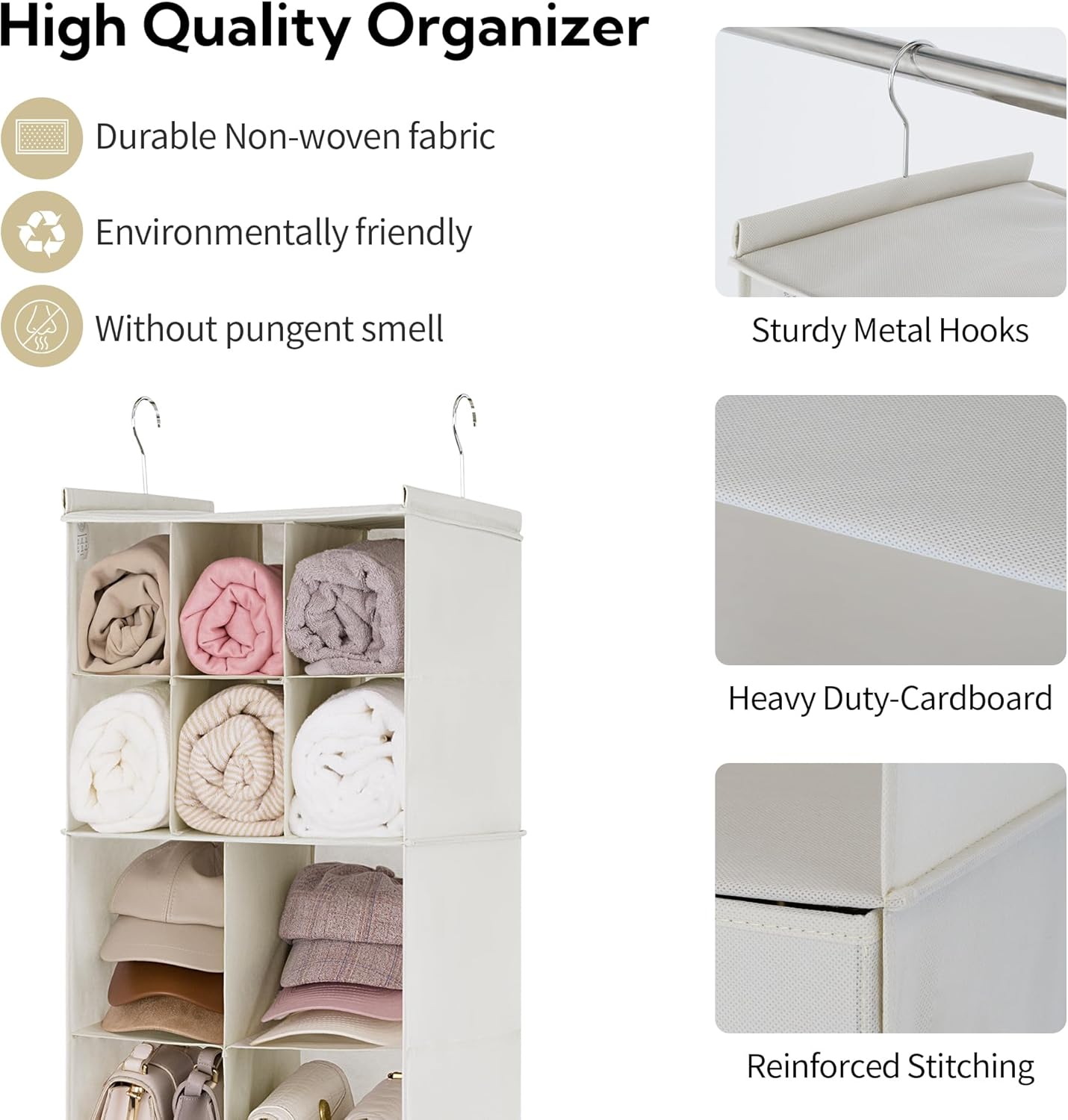 GRANNY SAYS Hanging Closet Organizer with Drawers, 6 Shelf Dividers Closet Hanging Organizer, Portable Foldable Hanging Shelves for Closet, Dorm Room, Bedroom, Kids Room, Beige - Image 6