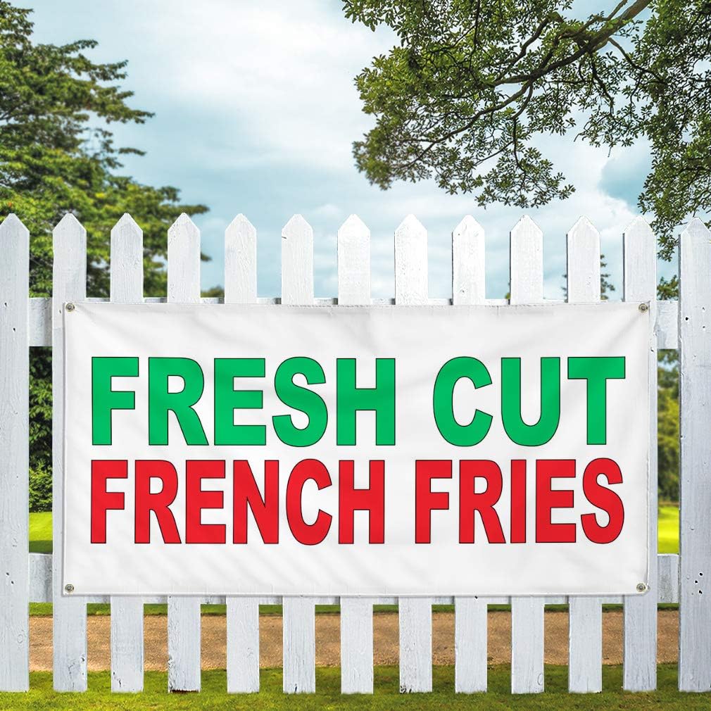 Vinyl Banner Multiple Sizes Fresh Cut French Fries Green Red Food Bar Restaurant Truck Restaurant & Food Outdoor Weatherproof Industrial Yard Signs 4 Grommets 16x40Inches