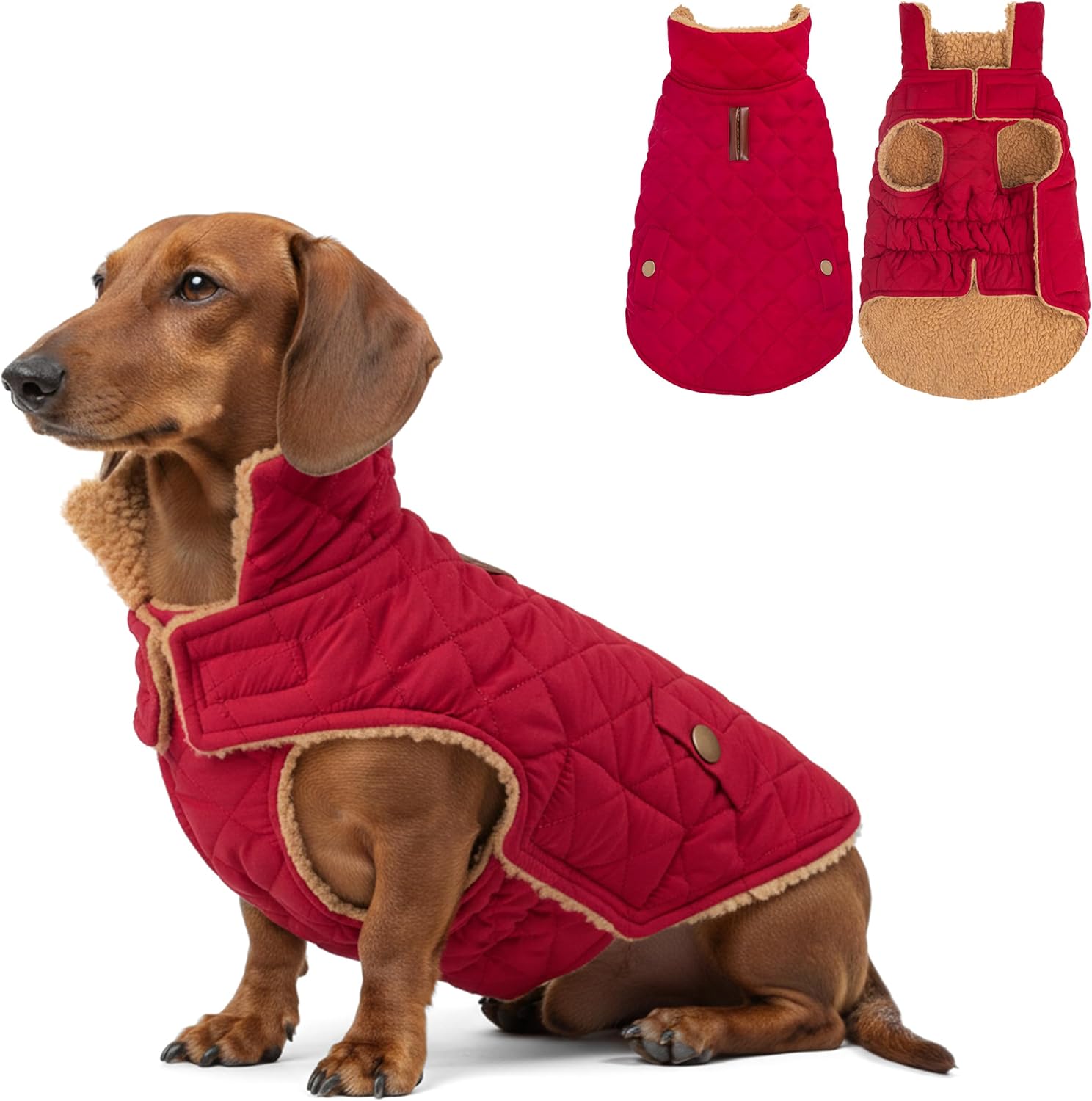 azuza Dog Jacket Waterproof & Windproof Dog Coat for Small Dogs with Thick Fleece, High Collar with Leash Hole, Adjustable Velcro & Elastic Belly, Red XL