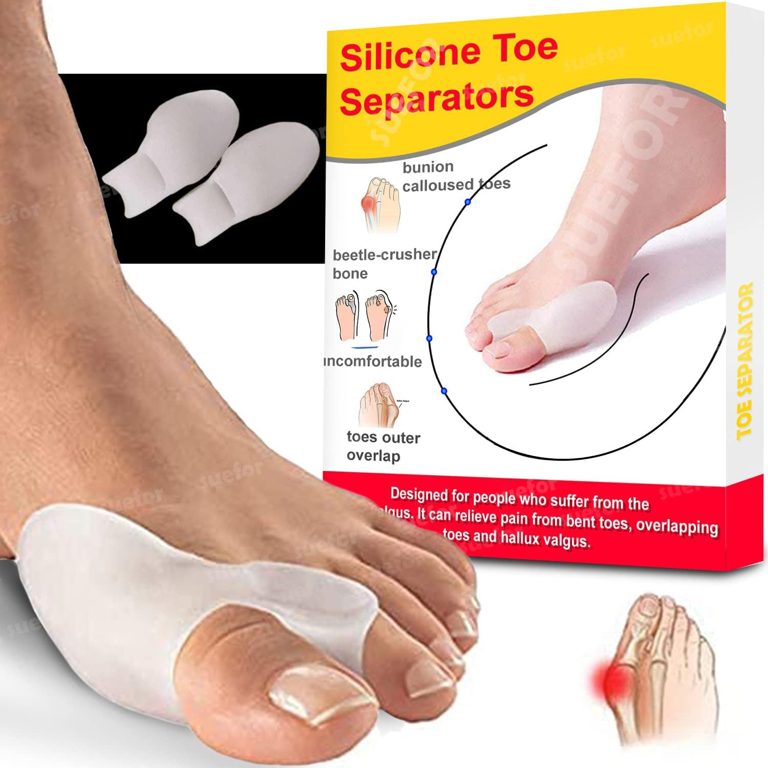 SUEFOR Bunion Corrector Silicone Toe Separators For Fast Pain Relief - Orthopedic Bunion Spacers Spreader Free Size (Toe Separator)