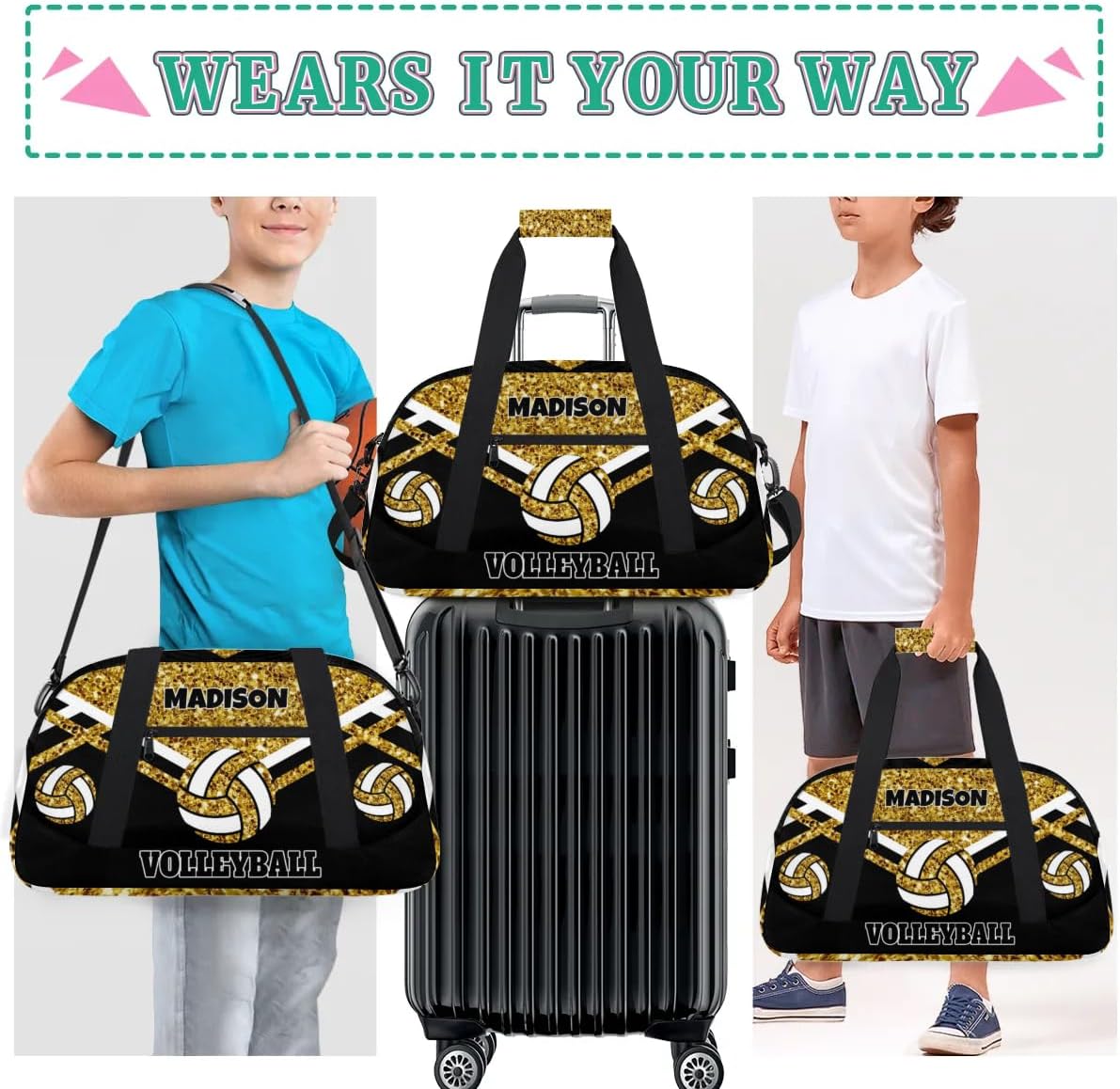 Custom Volleyball Bag for Sports Duffel Bag, Personalized Gym Bag Customize Travel Duffle Bag with Name, Gold Sequins with Black