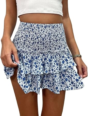 Women Preppy Swing Y2K Mini Skirt Floral Pleated High Waist Tiered Ruffle Skirt Summer Fairycore Skirts Cottagecore Clothing