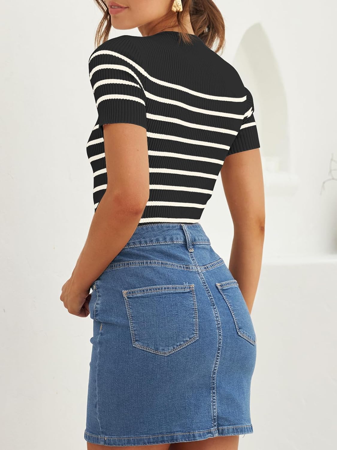 ZESICA Women's Short Sleeve Crewneck Striped T Shirt 2026 Summer Ribbed Knit Slim Fit Casual Basic Tee Tops - Image 4