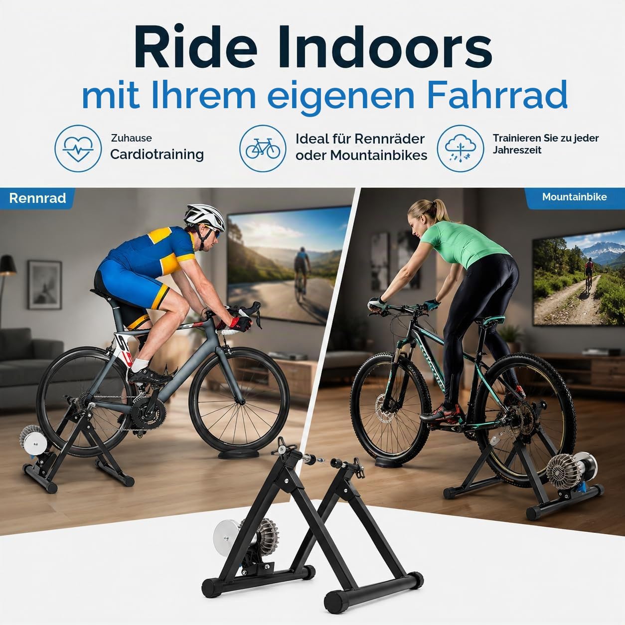 Home Trainer für Fahrrad, Heimtrainer, verstellbares Design, Fluid Bike, Trainer, Trainingsbank für Fahrräder, geeignet für Fahrräder von 26 – 29 Zoll, Mountainbikes
