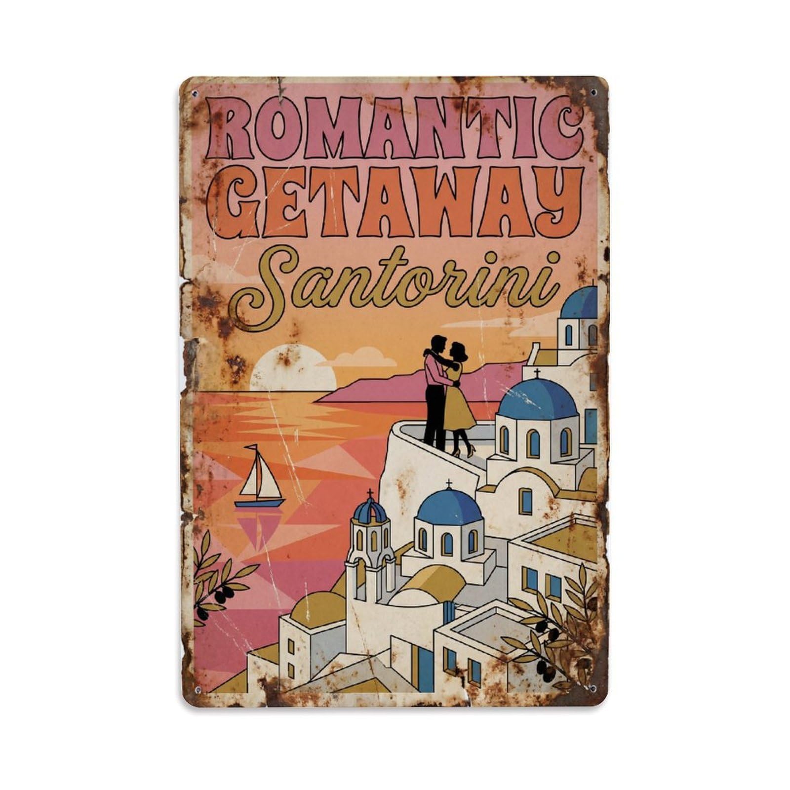 Gead 8X12inch Style Vintage Travel Santorini Romantic Getaway Metal Tin Sign