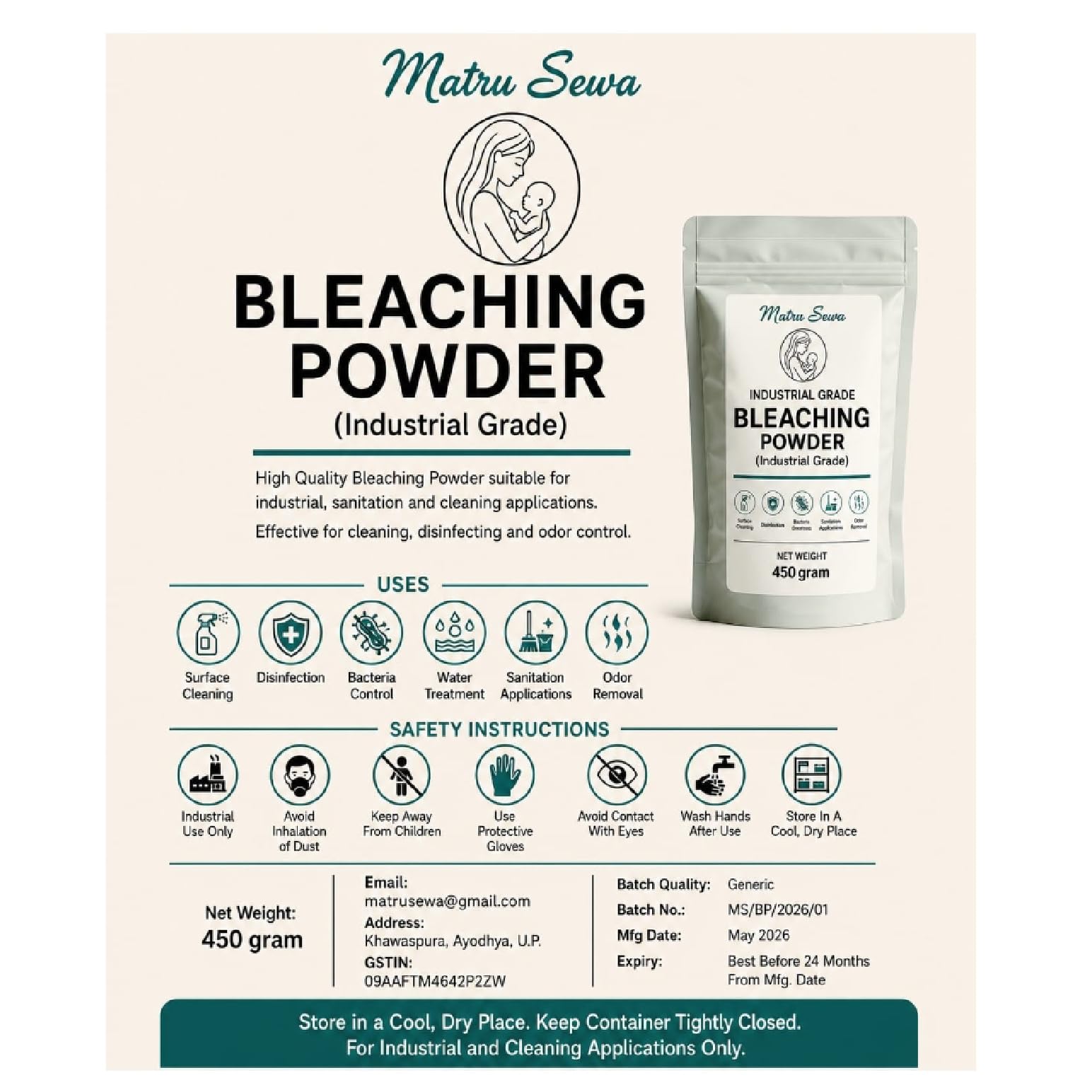 Matru Sewa Industrial Grade Bleaching Powder, 450 g | Surface Cleaning, Disinfection & Odor Control, Water Treatment, Bacteria Control, Sanitation Applications-image-30