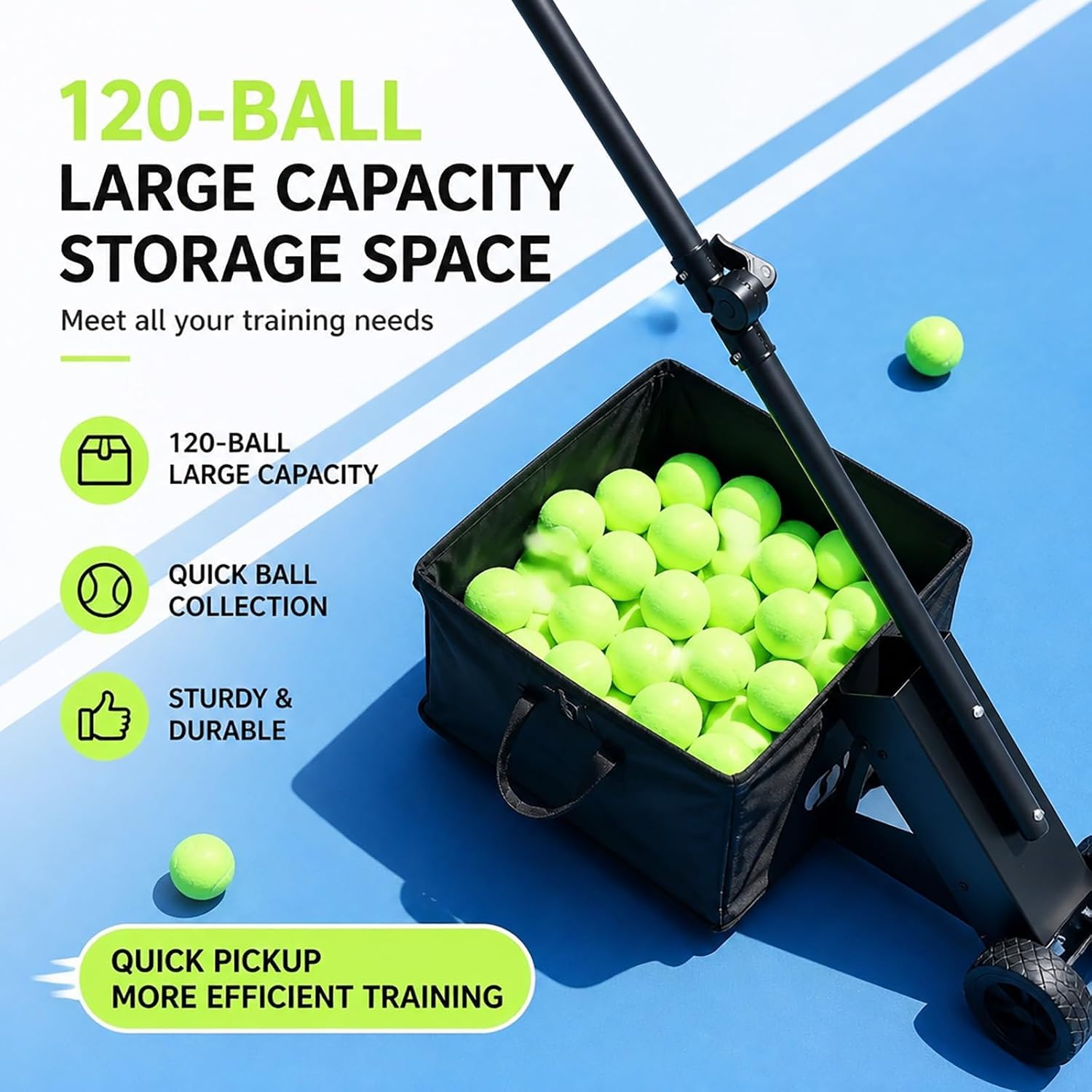 Raccoglitore di Palline da Tennis, Raccoglitore Portatile di Palline da Pickleball, capacità 120 Palline, Ruota Girevole A 360°, Carrello Pieghevole per Una Facile Raccolta, per Allenamento E