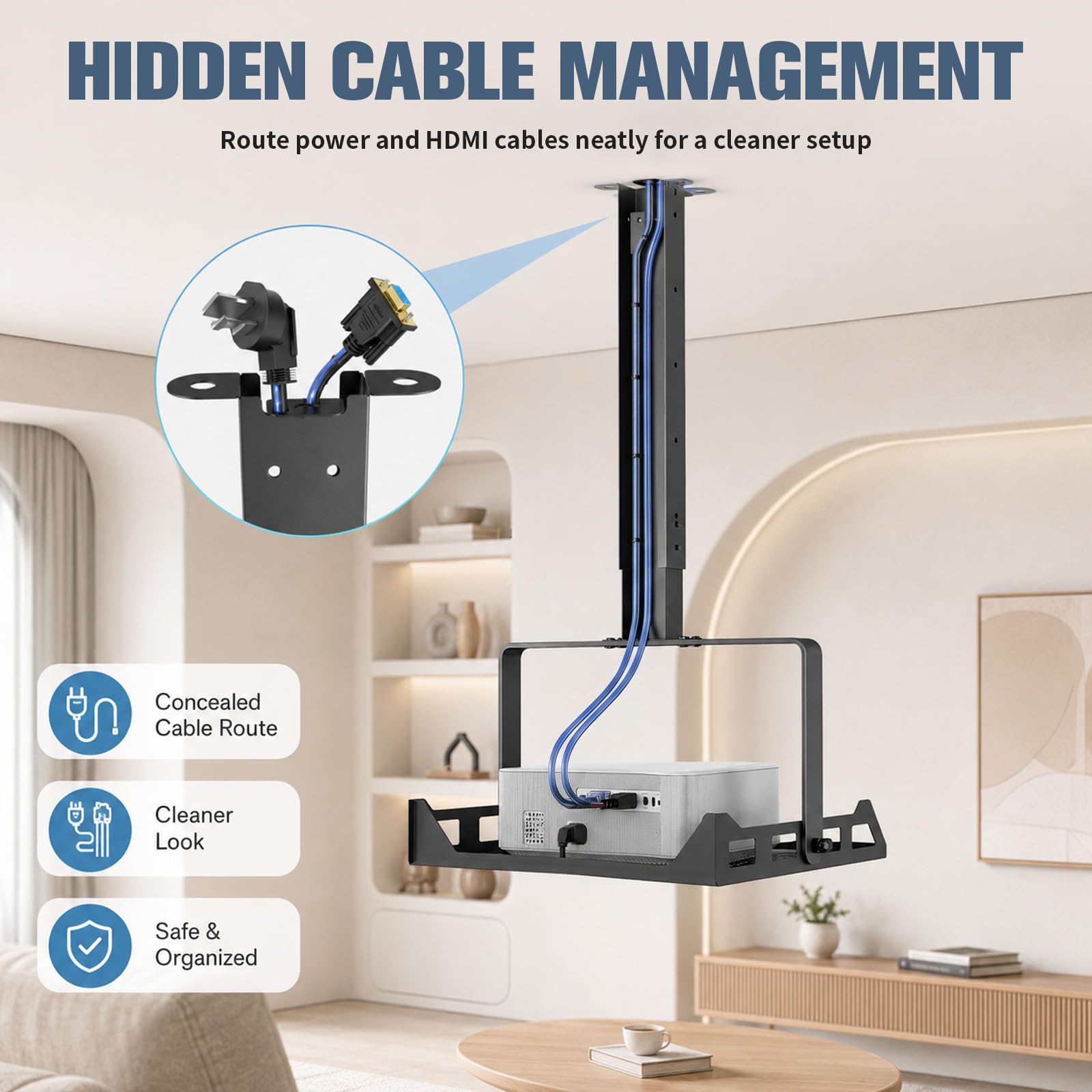 Beamer Halterung Decke Höhenverstellbar, Universal Beamer Deckenhalterung mit Kabelmanagement, Projektor Halterung Decke Tragkraft 10kg für Heimkino Büro Schule Schwarz