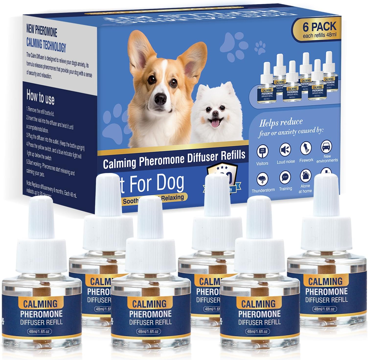 Dog Calming Diffuser Refills 6 Pack Pheromone Appeasing Pet Pheromones Refill 48ml to Calm for Anxiety Relief Reduce Aggression Stress Fighting Barking Fit Common Diffusers Plug in 180 Day(Tasteless)