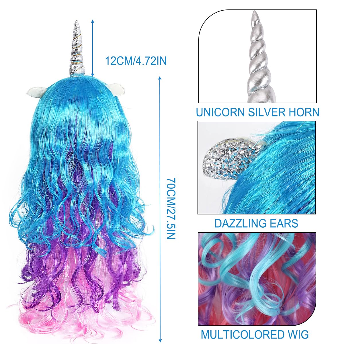 Peluca Unicornio De 60 Cm Con Orejas Y Cuerno: Arcoíris, Rizos, Para Cosplay, Halloween O Fiestas