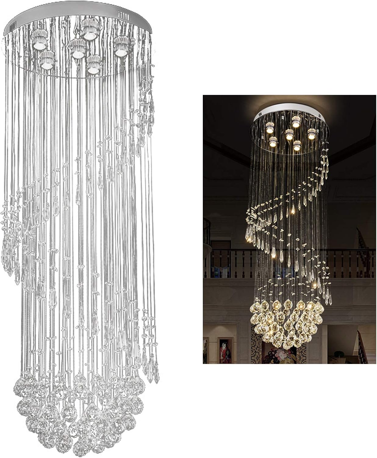 LED Modern Chandelier Lamp, Modern K9 Crystal Chandeliers Lighting Raindrop Chandelier Staircase Chandelier Light Fixture 6GU10 LED Bulbs Flush Mount Ceiling Light Fixture Crystal Pendant Lamp for Liv