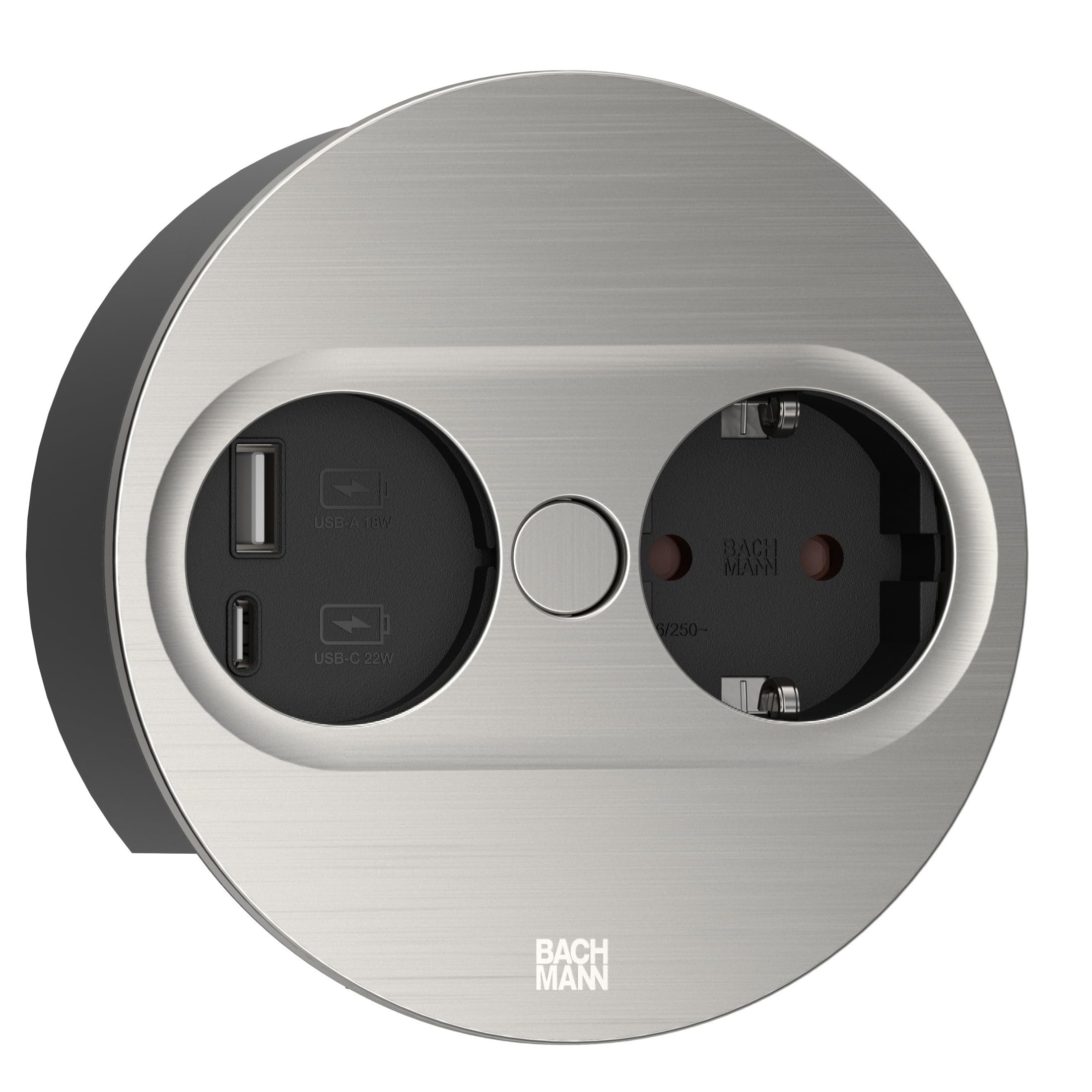 BACHMANN Gniazdo wtykowe do zabudowy Twist 2, okrągłe, 1 x gniazdko z USB A i USB C, 2 m, do kuchni i biura, wygląd stali nierdzewnej 946.004 (z automatycznym otwieraniem i powłoką zapobiegającą