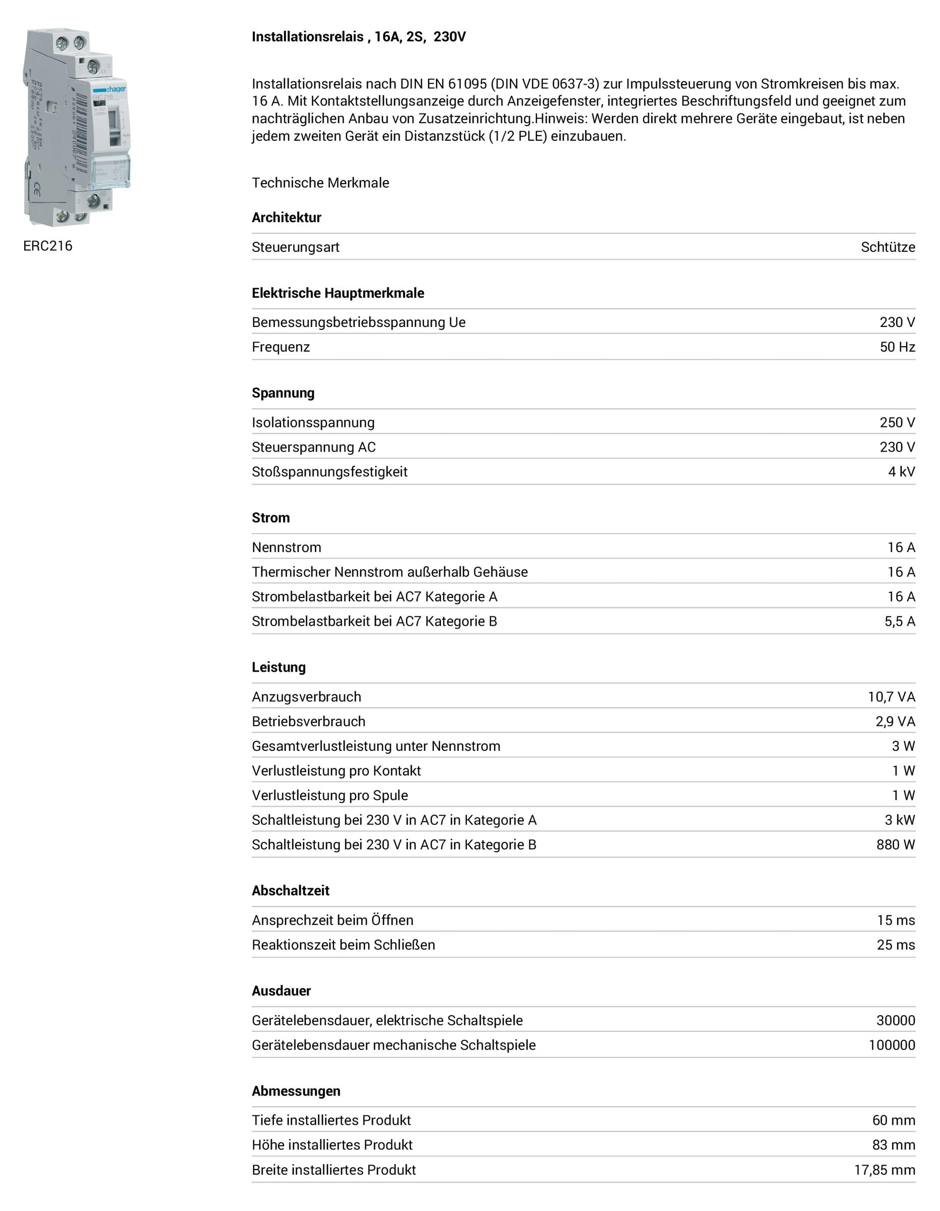 Hager ERC216 Installationsschütz 16A 2P 2-polig 2S 2 Schließer NO 230V Handschaltung Installationsrelais für Reiheneinbau (ERC 216)