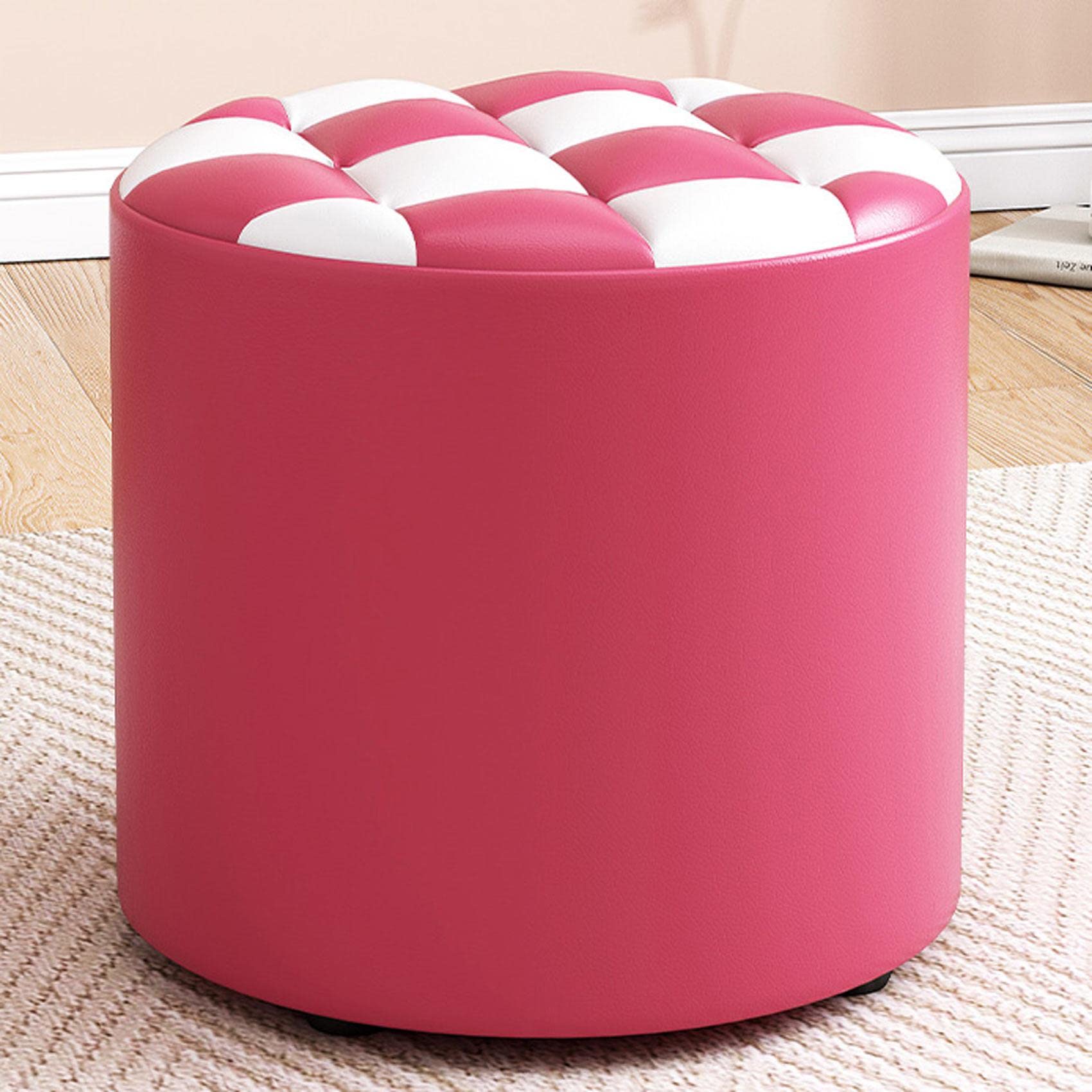 Round Leather Footstool for Living Room and Bedroom Pink and White 31x28cm