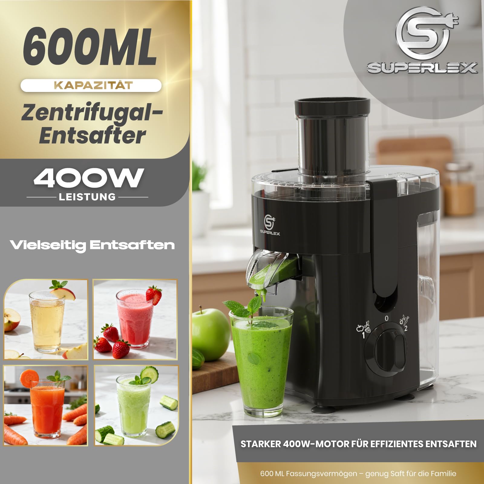 Elektryczna sokowirówka 400 W, sokowirówka odśrodkowa, z otworem do napełniania 65 mm i pojemnikiem o pojemności 600 ml, łatwa do czyszczenia, kompaktowa do owoców, warzyw, jabłek, cytryn