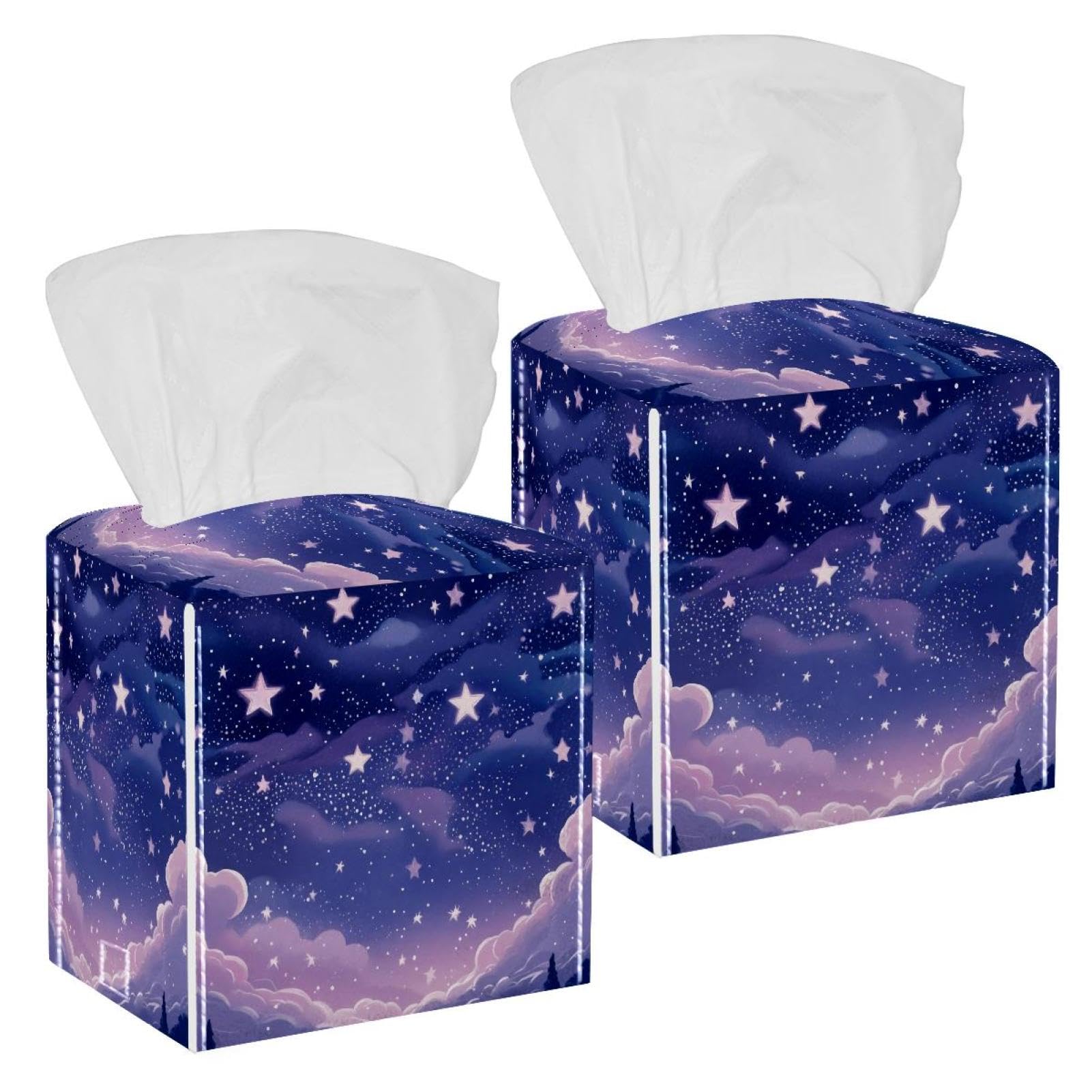 Purple Starry Sky Tissue Box Cover, 2 Pack PU Leather Square Facial Tissue Dispenser Box holder for Home Office Car