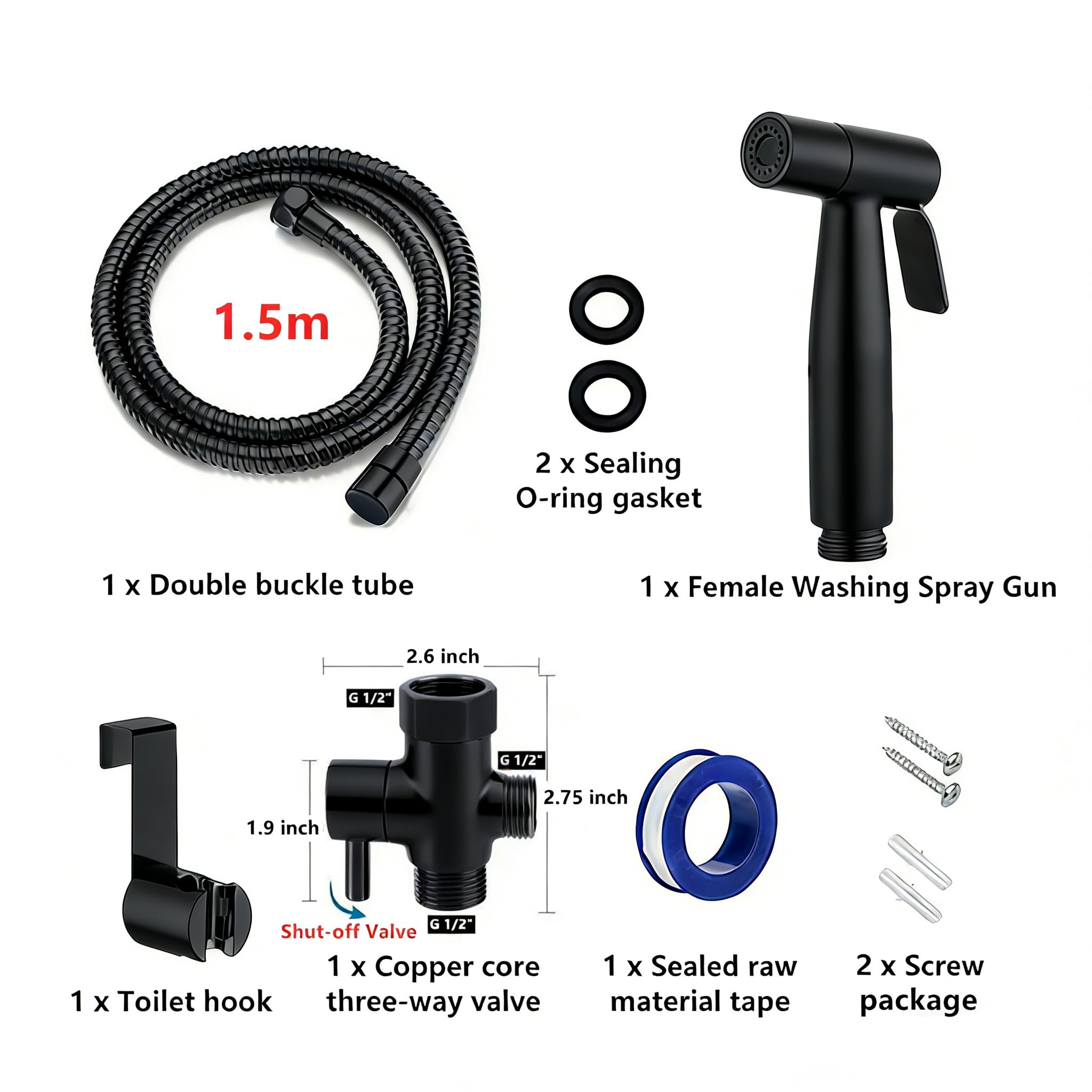 Kit de douchette à main pour bidet-toilette – Acier inoxydable robuste Kit de douchette WC avec support adaptateur en T et tuyau à ressort pour toilettes, animaux domestiques et nettoyage (G1/2-noir)