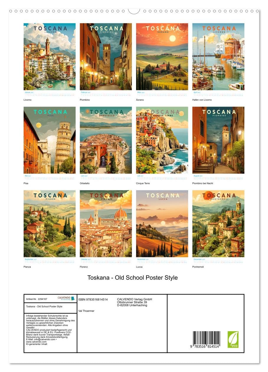 Toskana - Old School Poster Style (hochwertiger Premium Wandkalender 2027 DIN A2 hoch), Kunstdruck in Hochglanz: Eine Sammlung von Poster über Toskana in Old School Style (CALVENDO Orte)