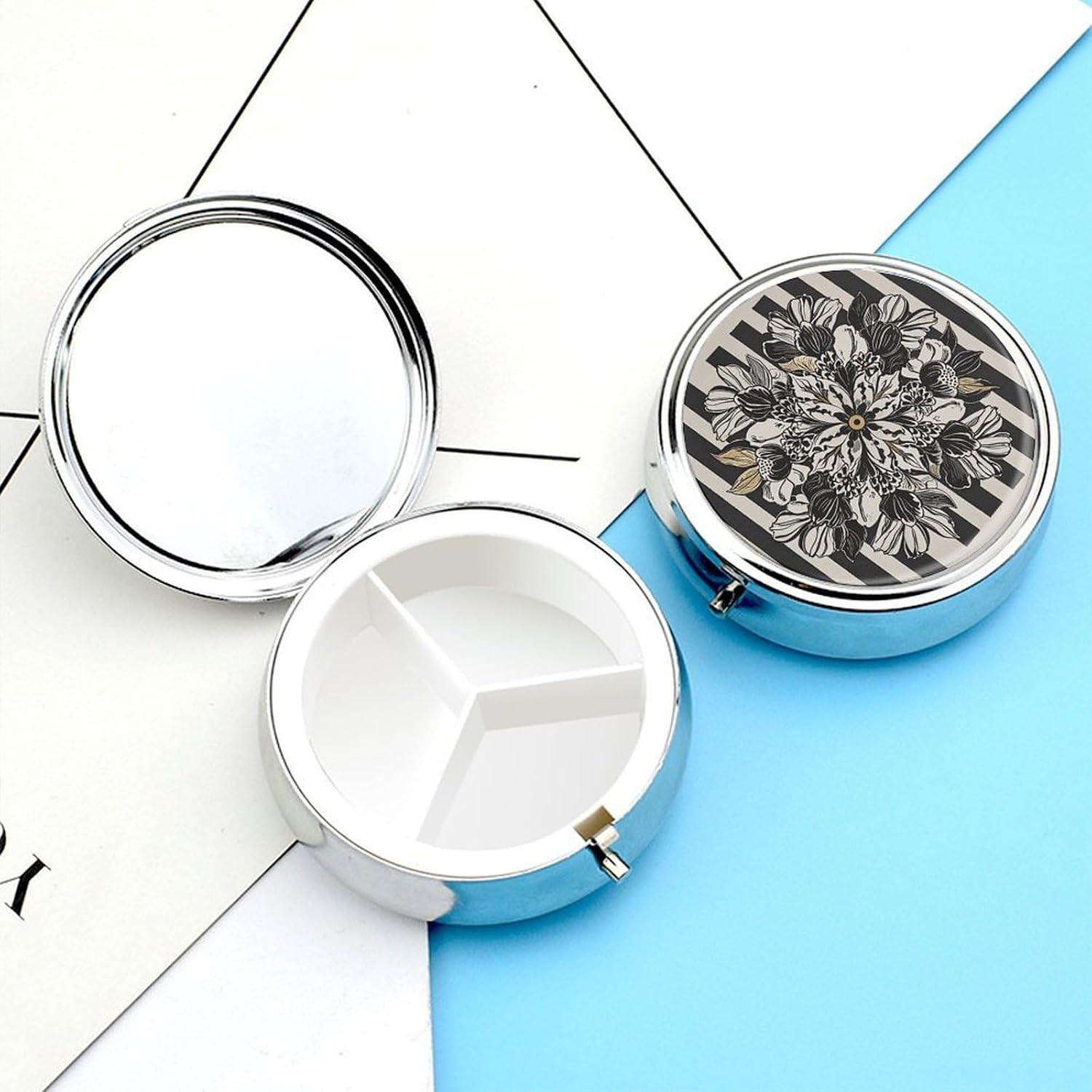 Round Silver Pill Box Small Pill Case for Purse and Pocket 3 Compartment