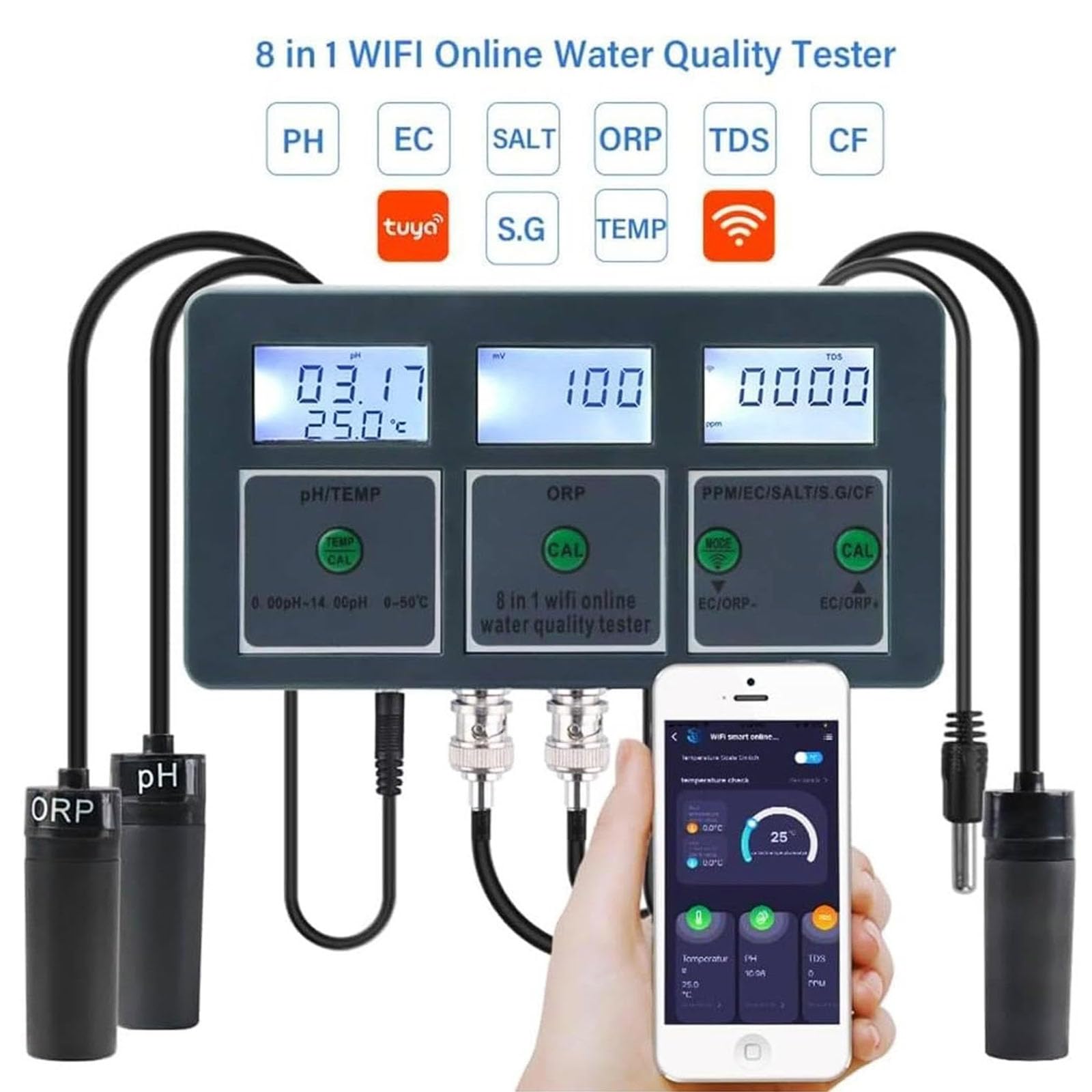 Tester di qualità dell'Acqua, PH Meter PH/EC/TDS/Salt/S.G/CF/ORP/Temp Monitoraggio WiFi App per Acquari Piscina Idroponica Fonti d'Acqua Acquario Idroponica
