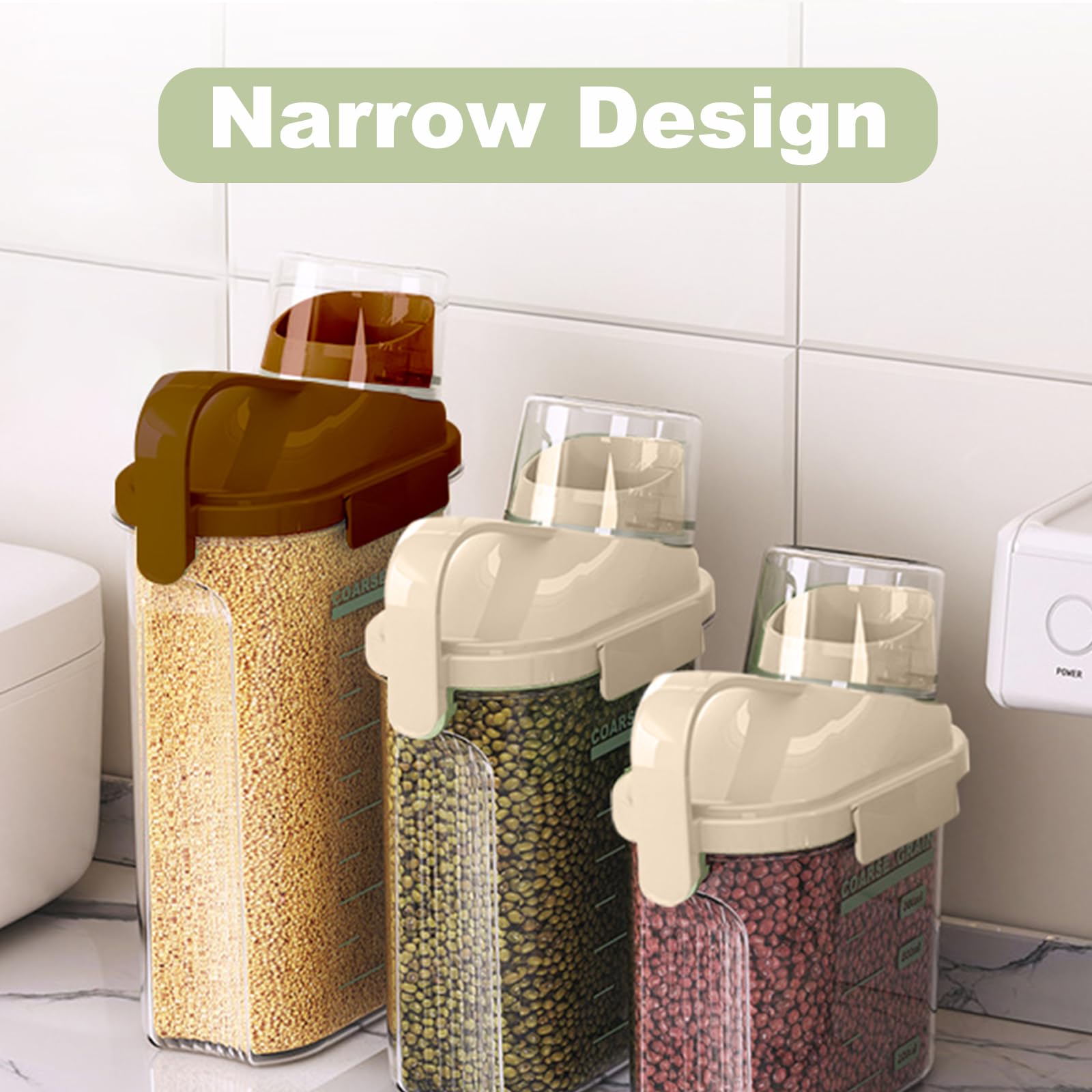LANGMINGDE Lot de 3 boîtes de rangement hermétiques pour aliments secs (2,8 l, 2,8 l, 2,7 l) avec tasse à mesurer et marqueur, sans BPA, 2 blancs + 1 marron