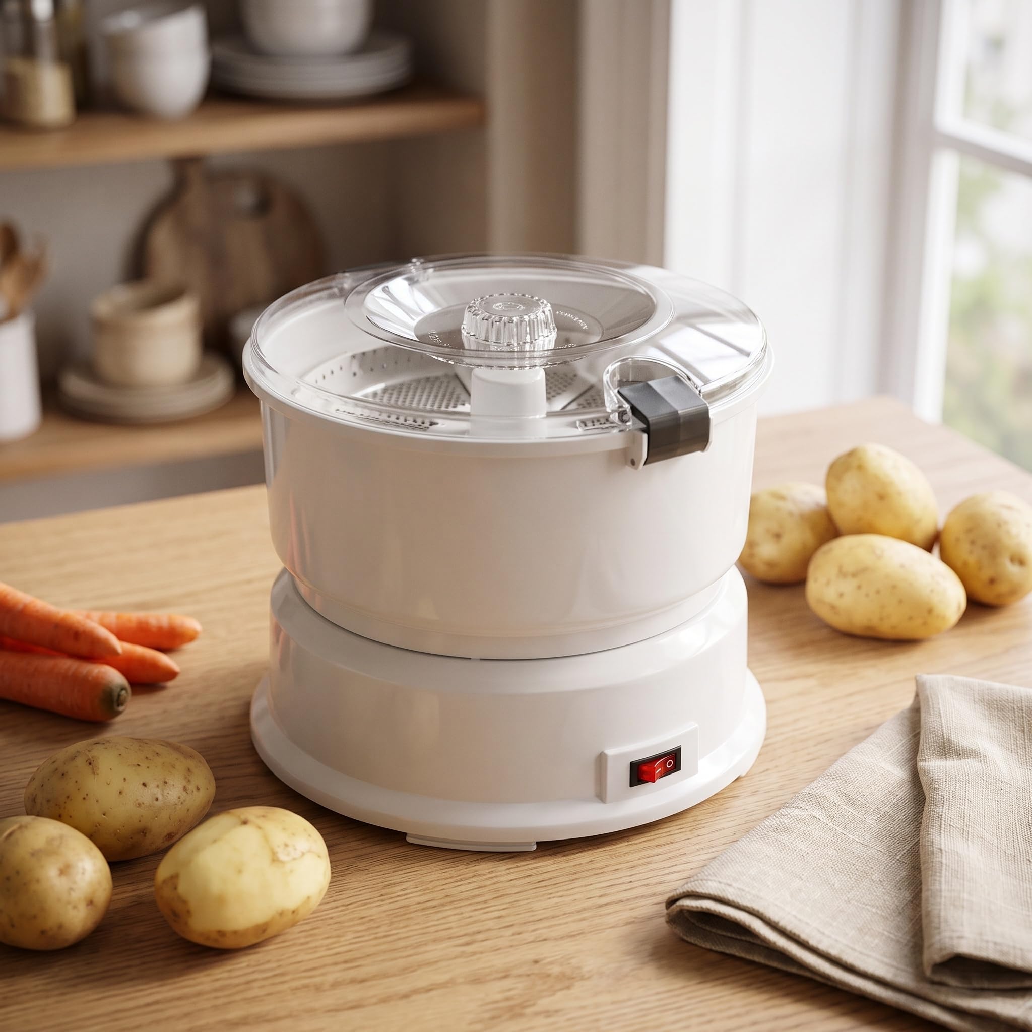 Éplucheur Et Trancheuse Électrique Pour Pommes De Terre Avec Récipient Et Verrouillage De Sécurité Rotatif Pour Un Épluchage Facile Et Propre Des Légumes.
