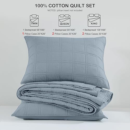 Miniatura 6 de HORIMOTE HOME Juego de edredón 100% algodón tamaño King, juego de colcha de 3 piezas prelavada, color azul bebé, funda de cama acogedora y ligera