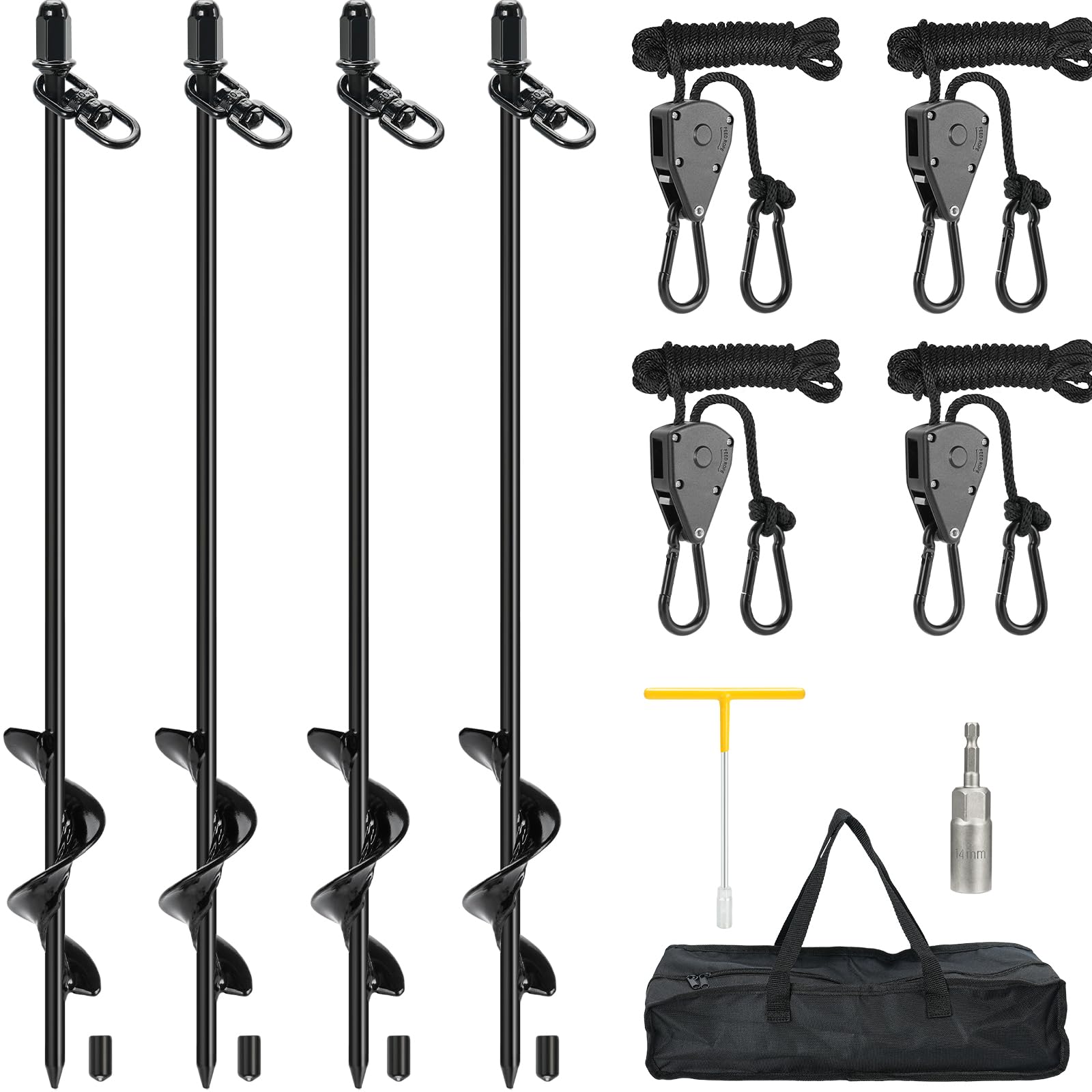 Piquets de Tente Robustes, Ancrage spiralé 45cm avec Corde à poulie | Lot de 4, Résistant aux vents forts, Installation rapide, Sac de transport, Acier plein 8mm, Pour tentes, tonnelles & bâches