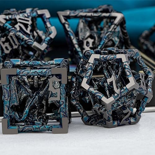 Miniatura 4 de ARUOHHA Juego de dados huecos para DND, dados D y D de metal negro y azul con caja de regalo, juegos de rol de Calabozos y Dragones, 7 piezas de