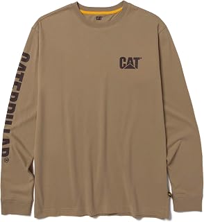Caterpillar Trademark Banner Long Sleeve Tee Shirts for Men with Center Back Neck Wire Management Loop and Cat Workwear Logo