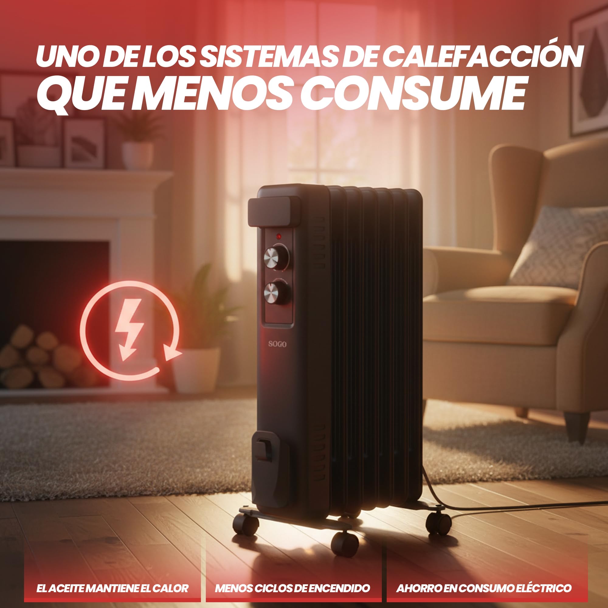 Sogo RADIADOR para hogar Estufa de Aceite de alta eficacia 7 ELEMENTOS – 1500W Negro, con ruedas (SS-18455)