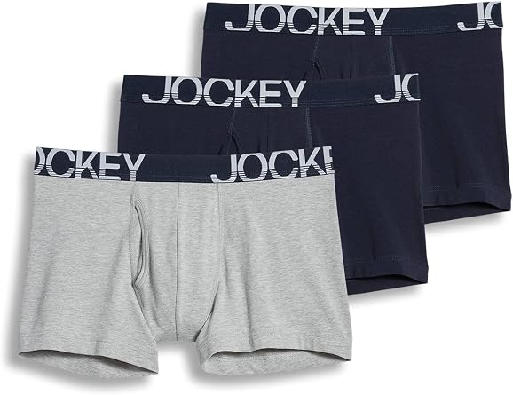 Jockey Mens Cotton Low Rise Stretch No Ride Boxer Brief 3-Pack True Navy/Grey Heather/True Navy Boxer Briefs MD