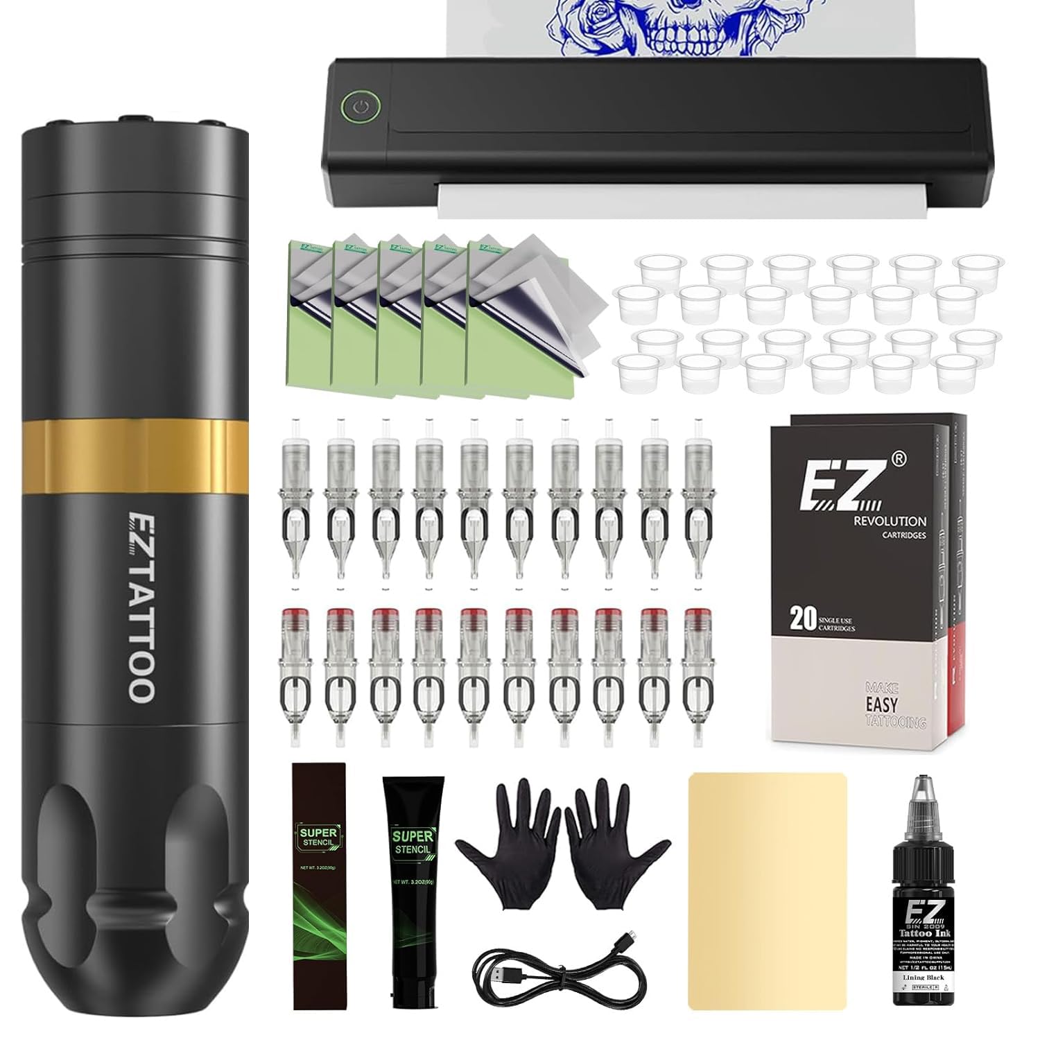 Termocopiadora Tattoo Kit - Maquina de Tatuar Kit Completo con Impresora Tattoo, Maquina Tatuar Inalambrica, Batería de Alimentación de 1500mAh, 20Pzs Agujas Tatuaje para Tatuadores