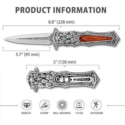 Miniatura 6 de VALHALLA PASTOR - Cuchillo de bolsillo, cuchillo plegable de 3.7 pulgadas con patrón retro en relieve 3D, cuchillo de bolsillo para hombres, bloqueo