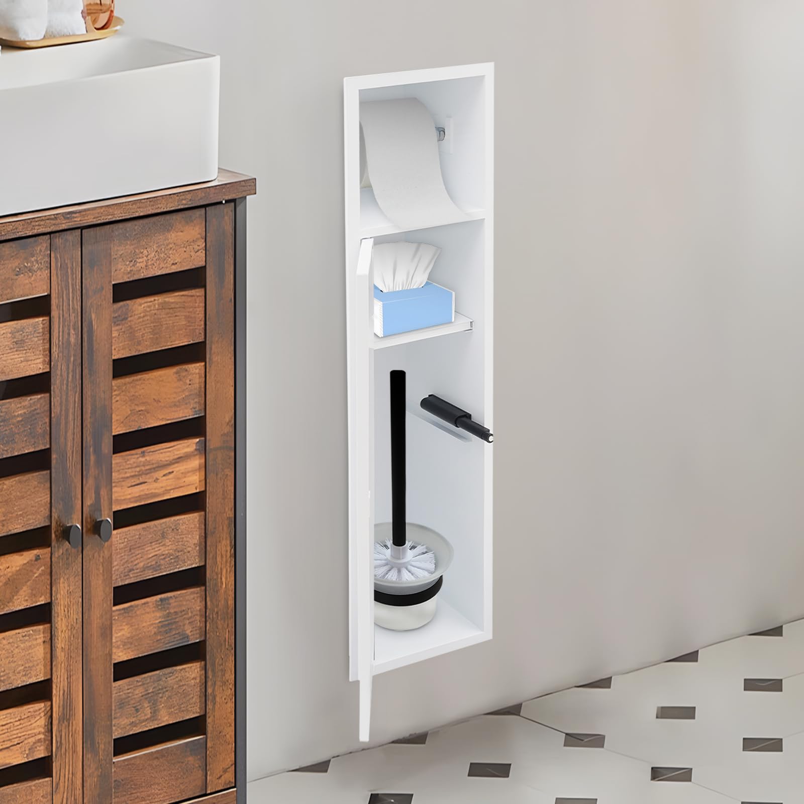Porta carta igienica da incasso, in acciaio inox, con nicchia da parete per bagno, armadietto da bagno con ante dell'armadio, 2 ripiani + scomparto per porta, organizer da bagno per shampoo