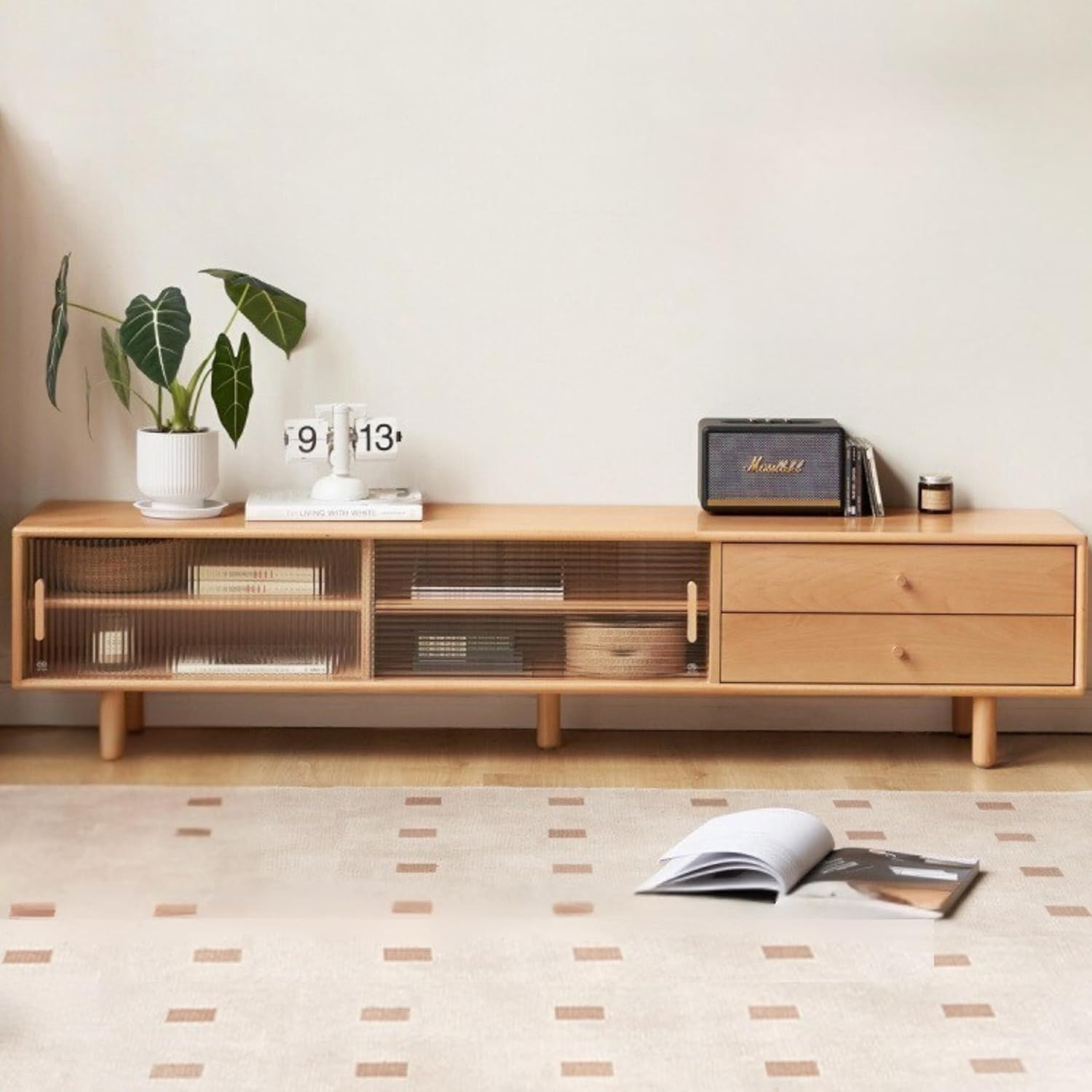 GVAwood European Beech Solid Wood Large Capacity TV Cabinet. 70.8x13.7x15.7 inch/Natural Wood Color/Double Drawer Sliding Door TV Cabinet + Coffee Table (47.2x22x17.6 inch)