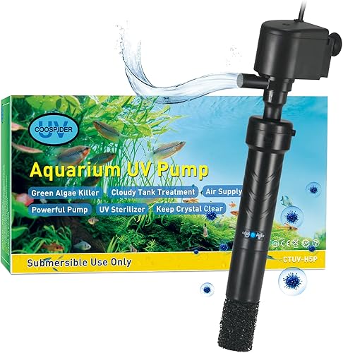 Miniatura 7 de COOSPIDER Acuario U-V Filtro Verde Limpio Máquina para Tanque de Peces de 40-100 Galones Cristal Transparente 300GPH Bomba de Agua Sumergible