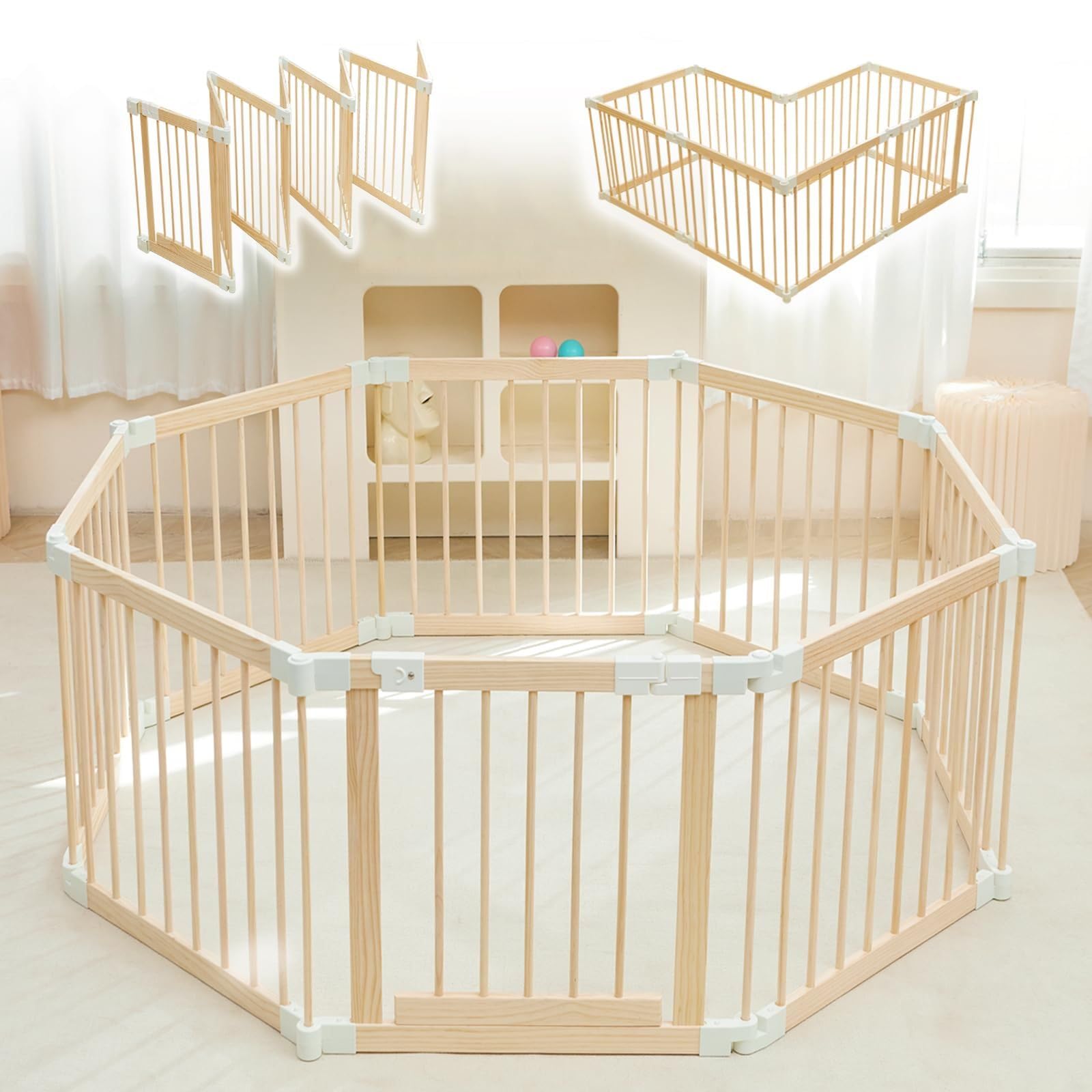 Laufstall Baby, Laufgitter Baby aus Holz, faltbar mit Tür & Sicherheitsverschluss, individuell formbarer Krabbelgitter Absperrgitter für Babys & Kleinkinder(141 * 141 * 61 cm)