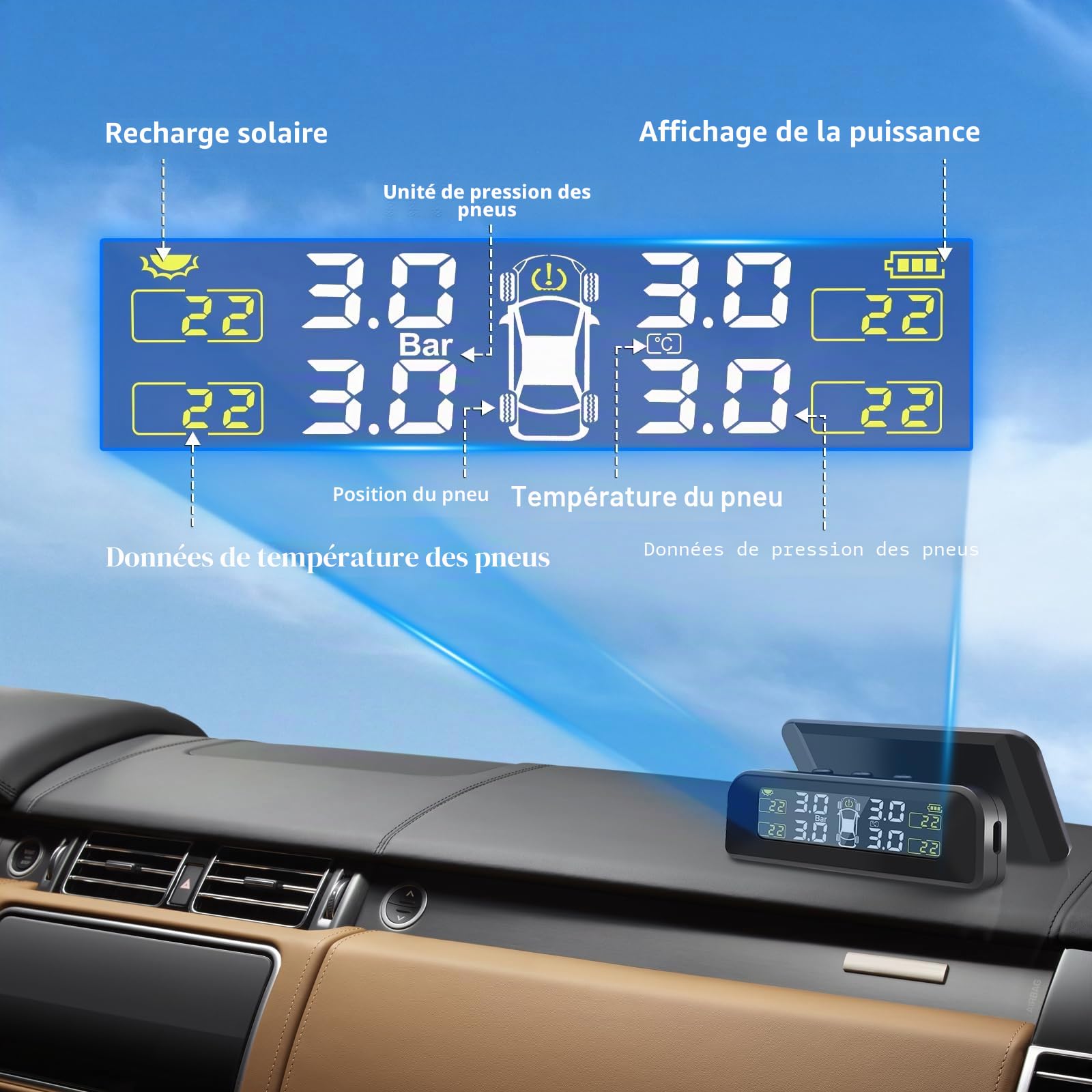 Geloo TPMS Système de contrôle de Pression des pneus Solaire Universel 5 Modes d'alarme de Pression des pneus avec capteur de Pression des pneus Externe 22-87 psi/5bar pour Camper Voiture, SUV