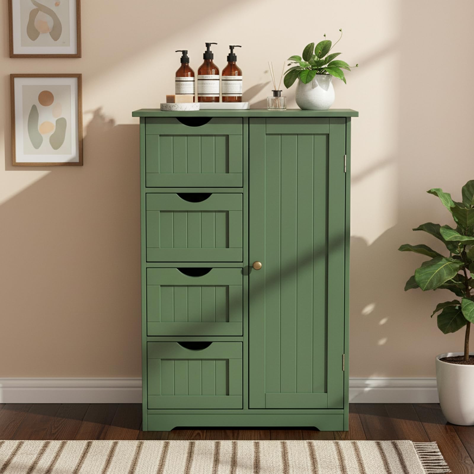 LEADZM Meuble Salle de Bain Rangement，avec étagères Réglables Vert Forêt | équipé de 4 Tiroirs, Convient pour Le Salon，la Cuisine，la Chambre à Coucher，Conception Anti-basculement
