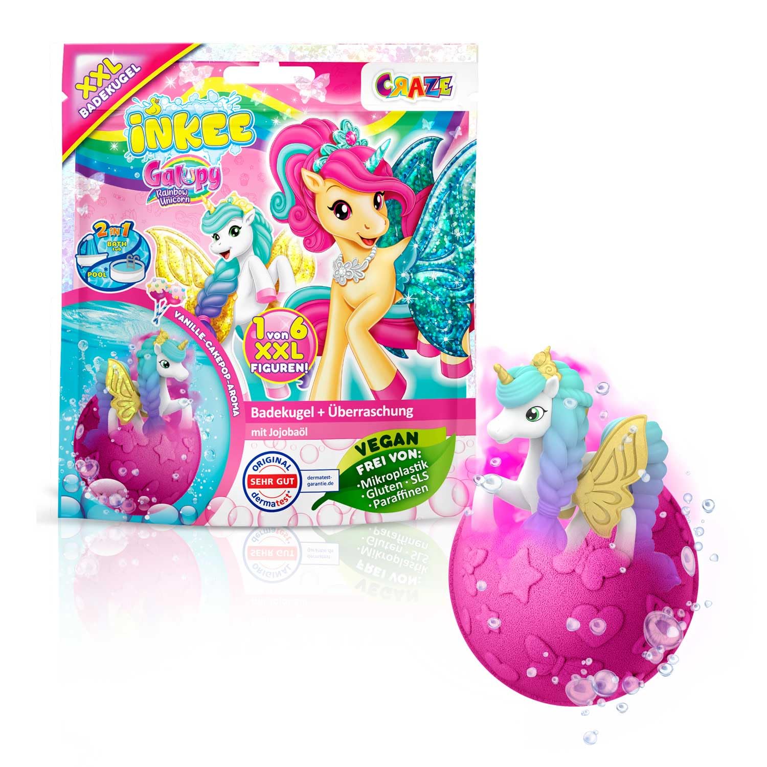 INKEE Surprise XXL Bath Bomb Galupy Rainbow Unicorn - Bath Bombs for Kids with Collectible Unicorn Figure, Colour Changing Bath with Jojoba Oil & Fruit Gummy Aroma, 180g