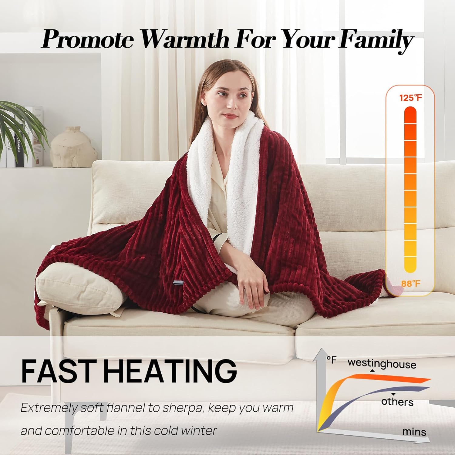 Westinghouse Heated Throw Blanket, Soft Flannel Sherpa Electric Blanket with 6 Heating Levels & 2-10 Hours Auto Shut Off, Fast Heating & ETL Certification, 50x60 Inch, Red - Image 3