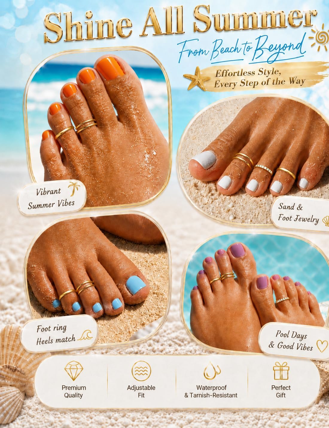 14K Gold Plated Toe Rings Adjustable Open Toe Rings Cubic Zirconia Band Toe Ring Set Summer Beach Foot Jewelry Set