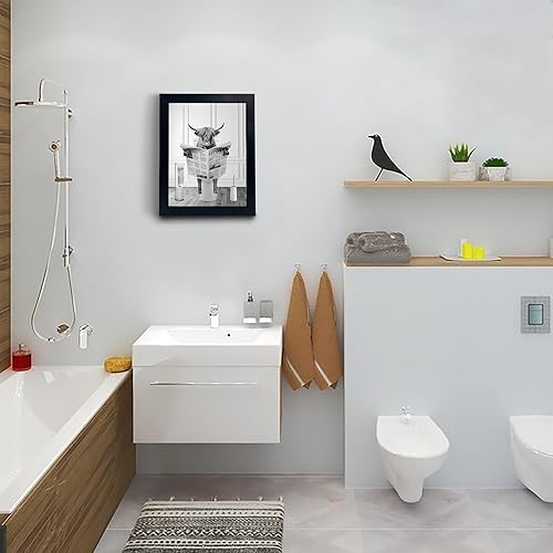 Miniatura 5 de Arte de pared de vaca de las tierras altas con marco negro en bañera, divertida imagen en lienzo en blanco y negro, impresiones de animales