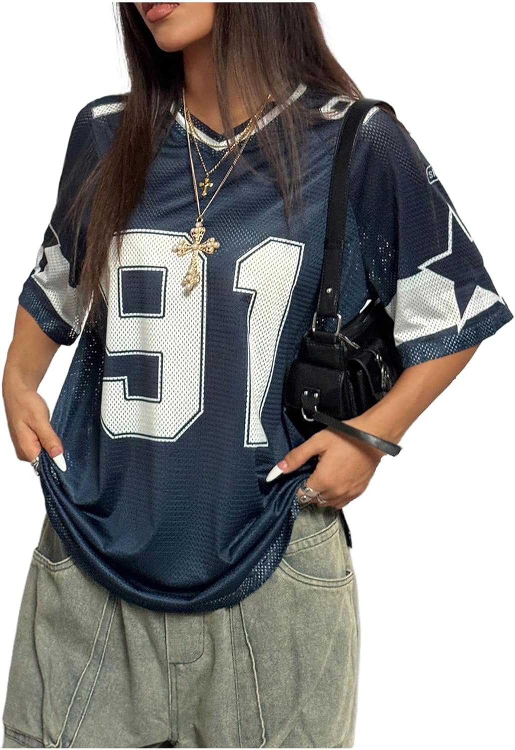 GORGLITTER Women's V Neck Graphic Jersey Top Mesh Oversized Star & Number Print Half Sleeve T Shirt