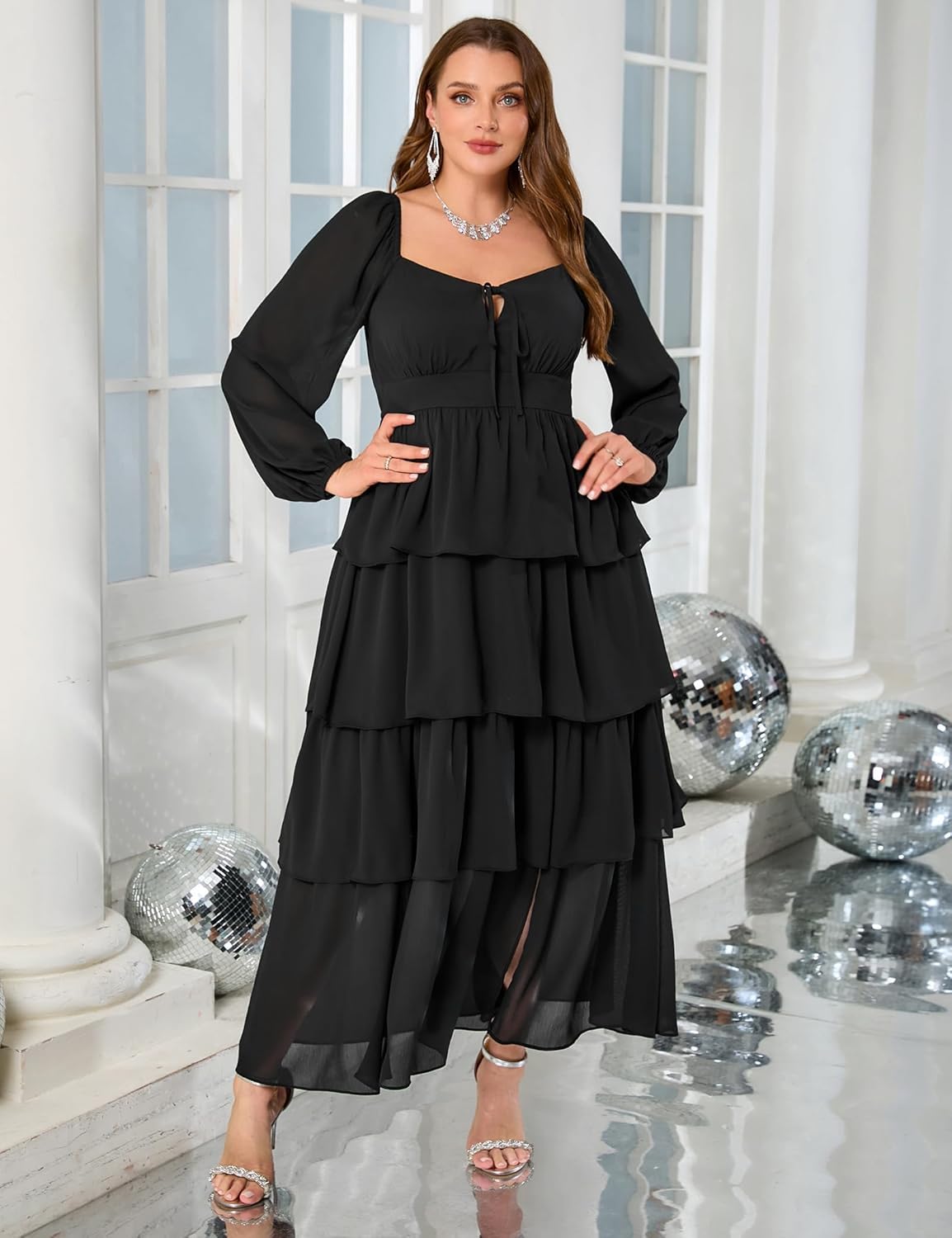 Womens Plus Size Floral Tiered Ruffle Long Sleeve Evening Party Wedding Guest Dress - Image 4