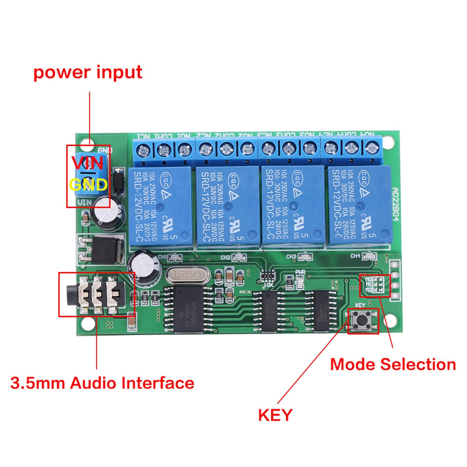 AD22B04 12V Decodificador de señal 4 canales DTMF Tone Relay Phone Control remoto PLC