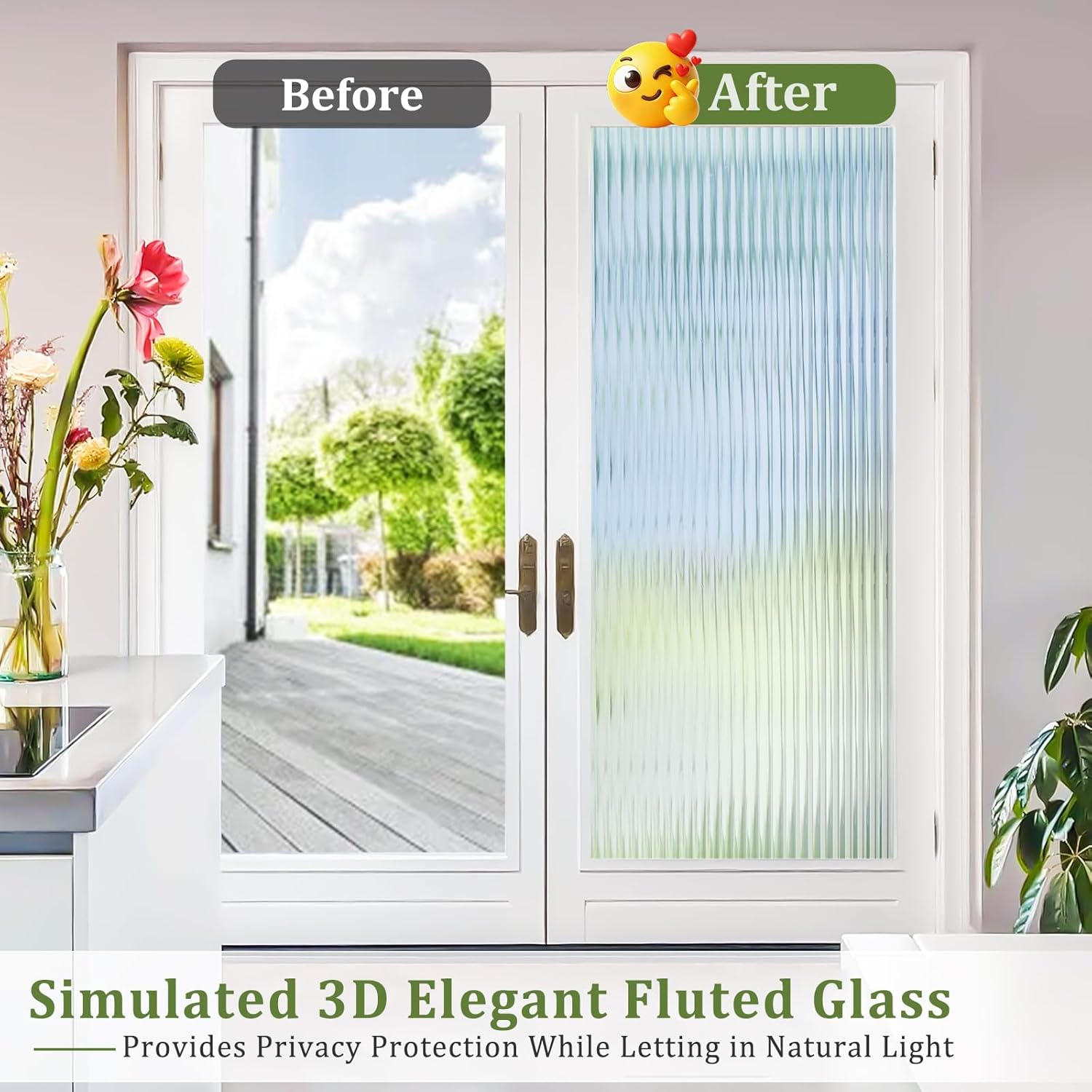 Beautyhero Reeded Glass Window Privacy Film with 3 Tools, 3D Decorative Fluted Frosted Glass Door Coverings, Static Cling Removable UV Blocking Window Tint for Bathroom, Cabinet, 35.4 x 157.4 Inch